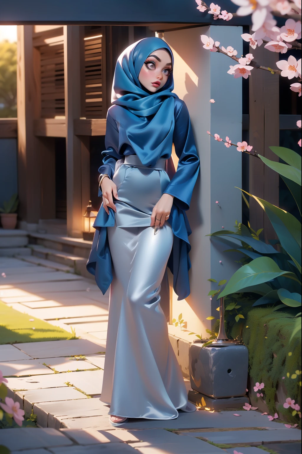 3DMM, ((Masterpiece, best quality, photography, detailed skin, realistic, photo-realistic, 8k, highly detailed, full length frame, High detail RAW color art, diffused soft lighting, shallow depth of field, sharp focus, hyperrealism, cinematic lighting, hijab, a woman in a beautifully makeup, eyeshadow, beautiful big eyes, ((Brown eyes)), long eye lashes, wearing (Dark blue satin hijab), loosely tide hijab style, ((gray satin shirt)), satin long maxi skirt, dancing under tree, sakura garden