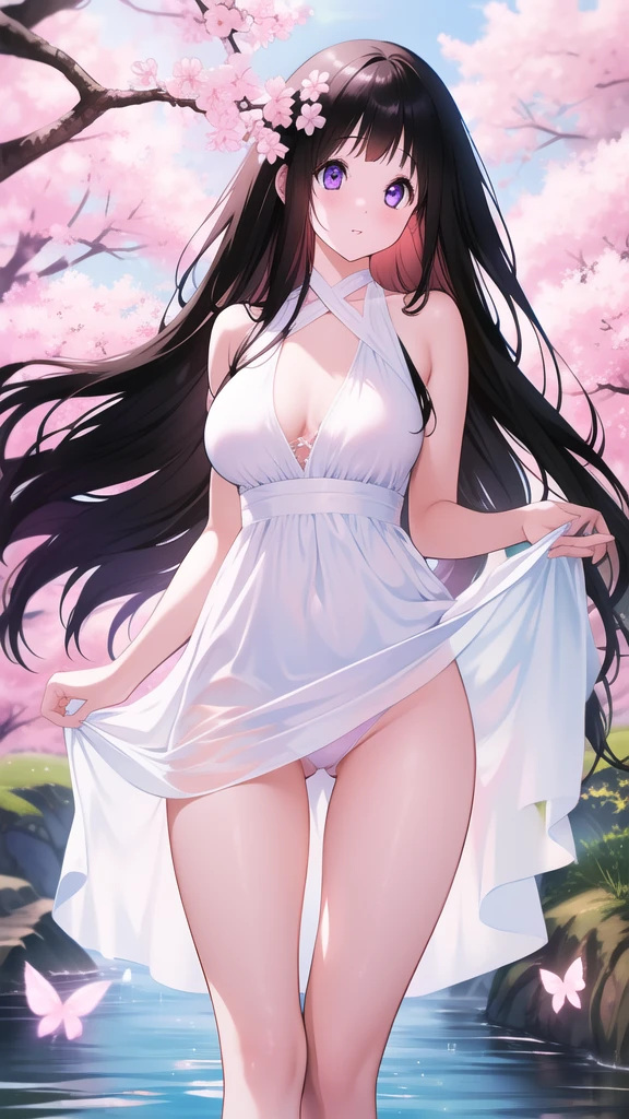 Amazing Chitanda, There is only one beautiful girl,Purple Eyes, Black Hair, Very red face,Very white skin,Glowing skin,Skin as delicate as porcelain,Naturally straight hair, Straight bangs,Extremely refined,Open lips,Long flowing hair,Beautiful Girl, Like a dream,Slim,Slim waist,Soft, (Sensual), (Kawaii), Dream quality,Beautiful big breasts,Half of the areola is exposed,Pink on the chest,There are no shoulder straps,White tulle dress,Transparent skirt,The clothes are completely transparent,Clothes that show skin color,The clothes are completely soaked,Deep V neckline,Loose neckline,By the River,靠着Cherry blossoms树,Wind blows up skirt,Hands lift skirt,Flying Butterflies,Cherry blossoms,No clothing around the neck and shoulders,Show your shoulders,Showing breasts,Show your buttocks,Show your thighs,Showing collarbone,Show your neck,Exposing the groin,No pants,extremely shy,Ultra-high resolution, (masterpiece:1.2, best quality), (Delicate and beautiful eyes: 1.2), (Beautiful and delicate face)
