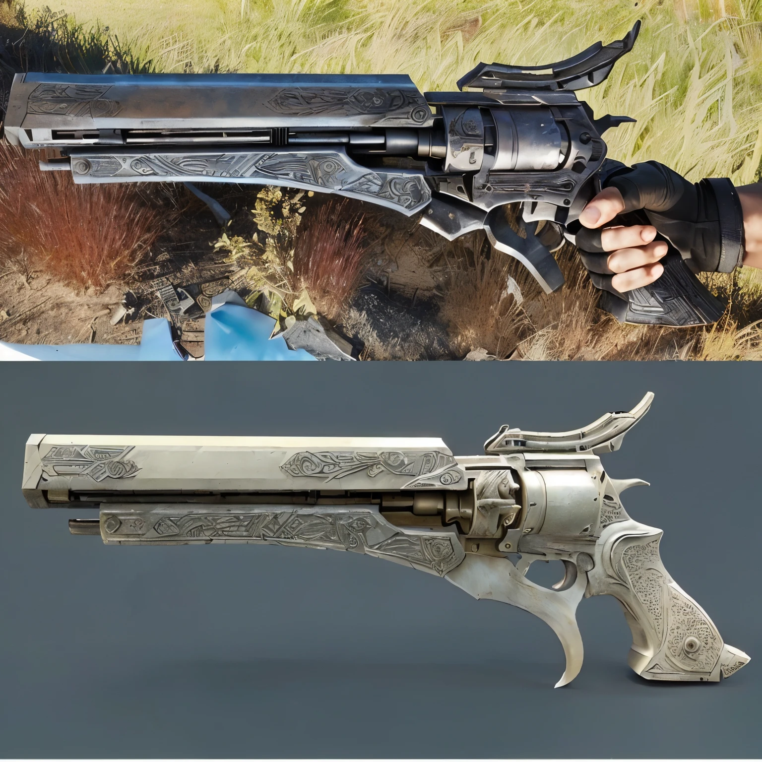 Mixture of this and breath of the wild ancient technology realistic gun design, realistic Huweapons, realistic weapon, weapon design, realistic guns, fantasy weapon, with picture of undistinguishable figures. Glowing faint red
