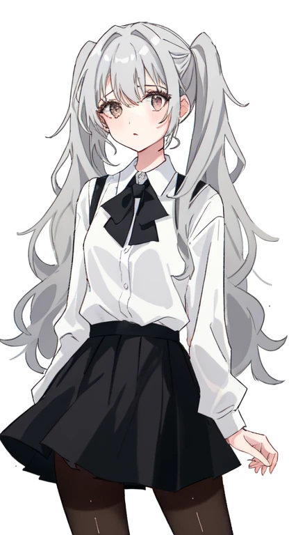 One girl,20-year-old,alone,(White Background,Line art),Long Hair,Gray Hair,Twin tails,((White shirt,Standard black tie,Black Skirt,Black Pantyhose)),whole body,Under