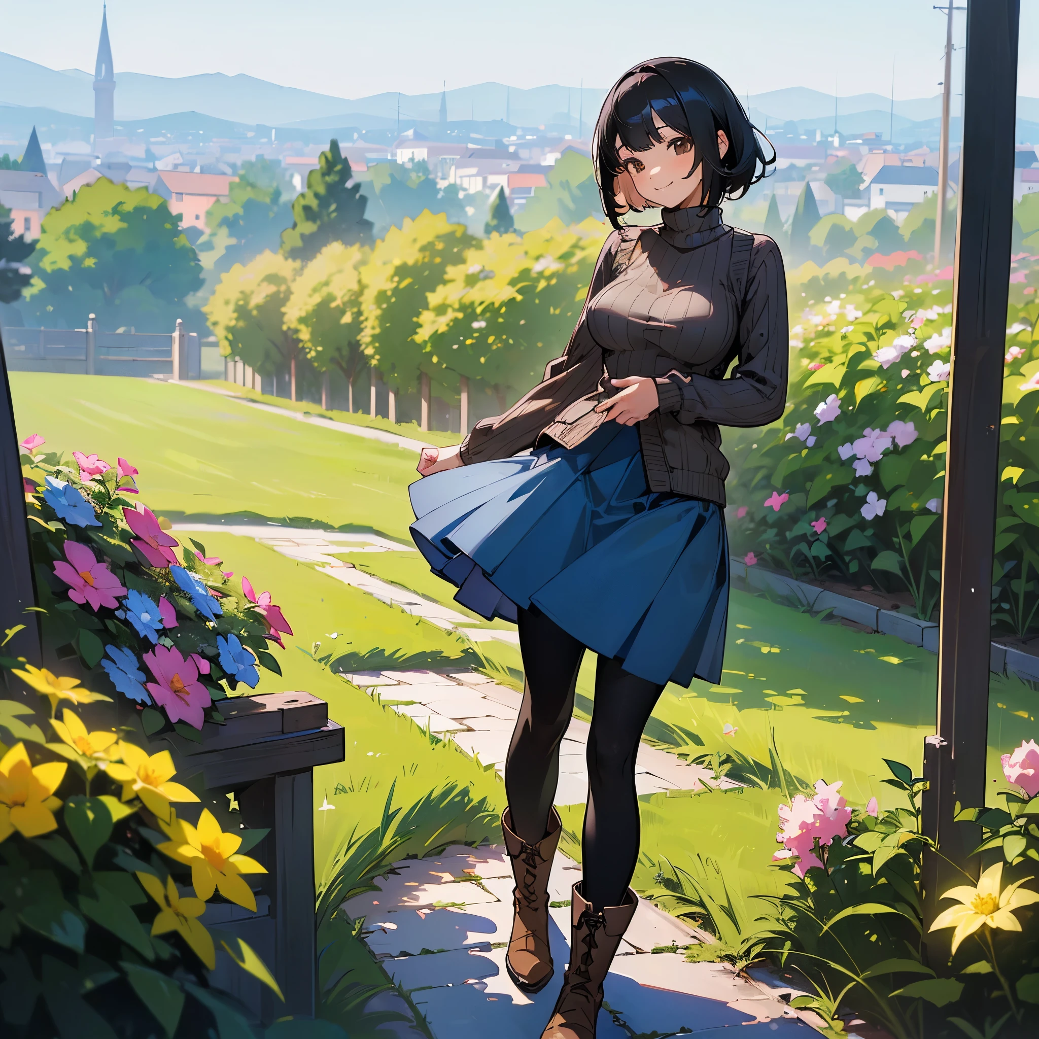 (high quality, High resolution, Very detailed, reality:1.37), Peaceful atmosphere, (Outdoor, garden), age girl standing alone, (my breasts are big.), Beautiful details, Cute Smile, (Black bob hair), Ribbed sweater, Blue Skirt, Black tights, Brown boots.