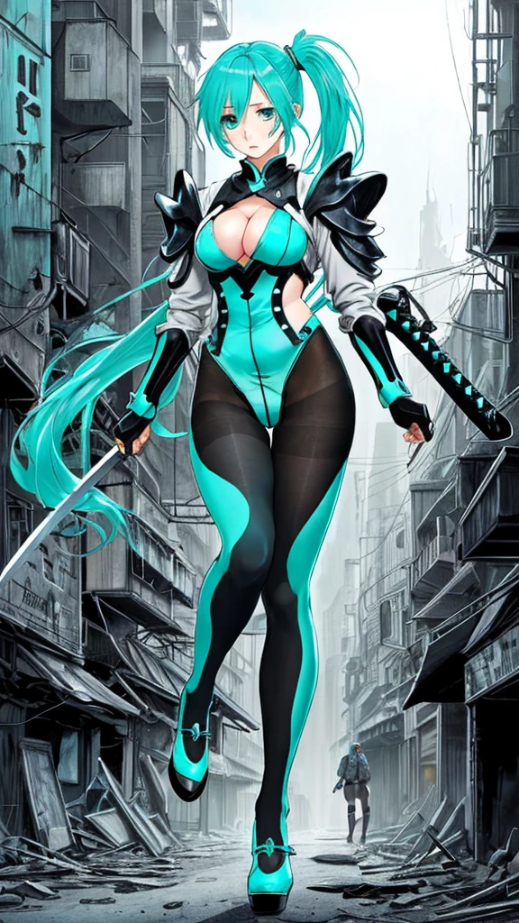 Black and white two-color long straight hair side ponytail young female swordsman turquoise fluorescent full body tights sci-fi armor chest cleavage panties pantyhose high shoes apocalyptic ruined city