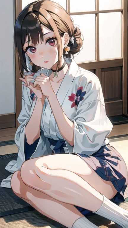 1 chica, Marin Kitagawa, pelo largo, pelo rubio, ojos rojos, drilling, pendientes, ear drilling, stud pendientes, gargantilla negra, pulsera de cuentas, scrunchie for wrist, long nails, mejorar, (Yukata:1.2), Shy, Calcetines blancos para los dedos del pie, zuecos, sit on floor,, (Obra maestra:1.2), high resolution, mejor calidad, 8k, muy claro,