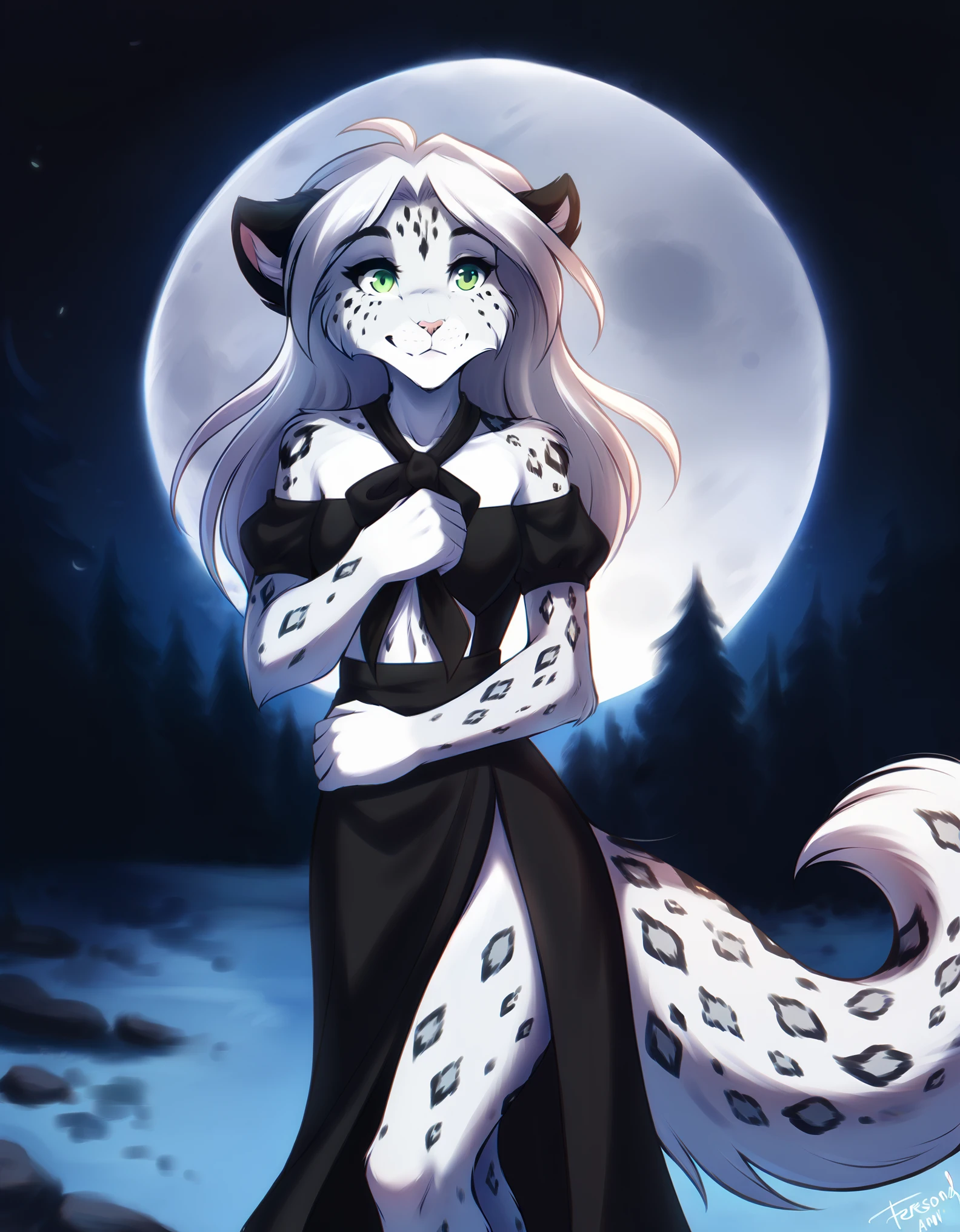 solo, tkamelia, anthro, green eyes, white fur, spotted fur, white hair, snow leopard, mammal, long hair, snow leopard tail,, amelia_(twokinds) , twokinds, personalami, rating:safe, arm_tuft, white fur, forest, night, stars, moon, White clothe, female, 1girl,