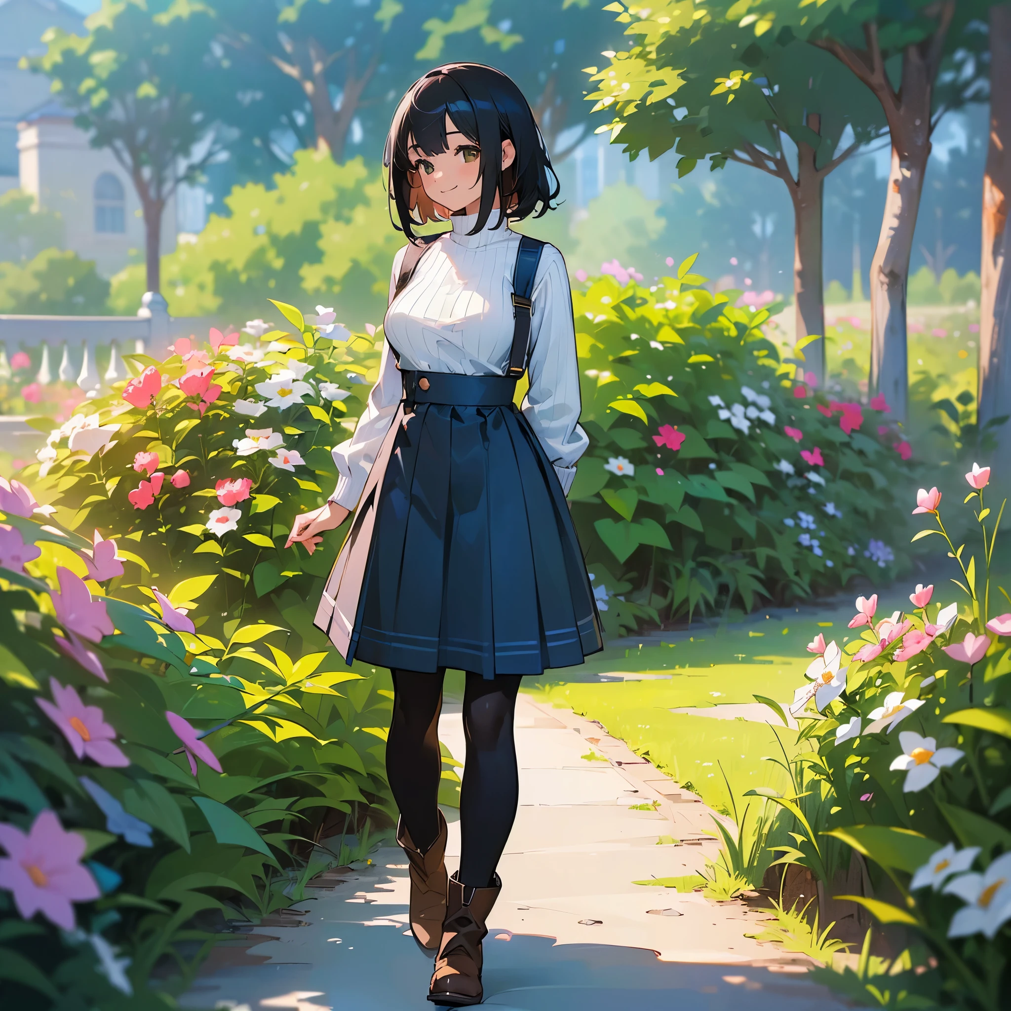 (high quality, High resolution, Very detailed, reality:1.37), Peaceful atmosphere, (Outdoor, garden), Teenage girl standing alone, (my breasts are big.), Beautiful details, Cute Smile, (Black bob hair), Ribbed sweater, Blue Skirt, Black tights, Brown boots.