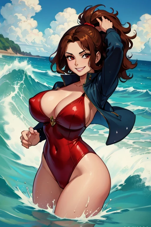 A brown haired woman with red eyes with an hourglass figure in a cute one piece suit is splashing in the waves at the beach with a big smile