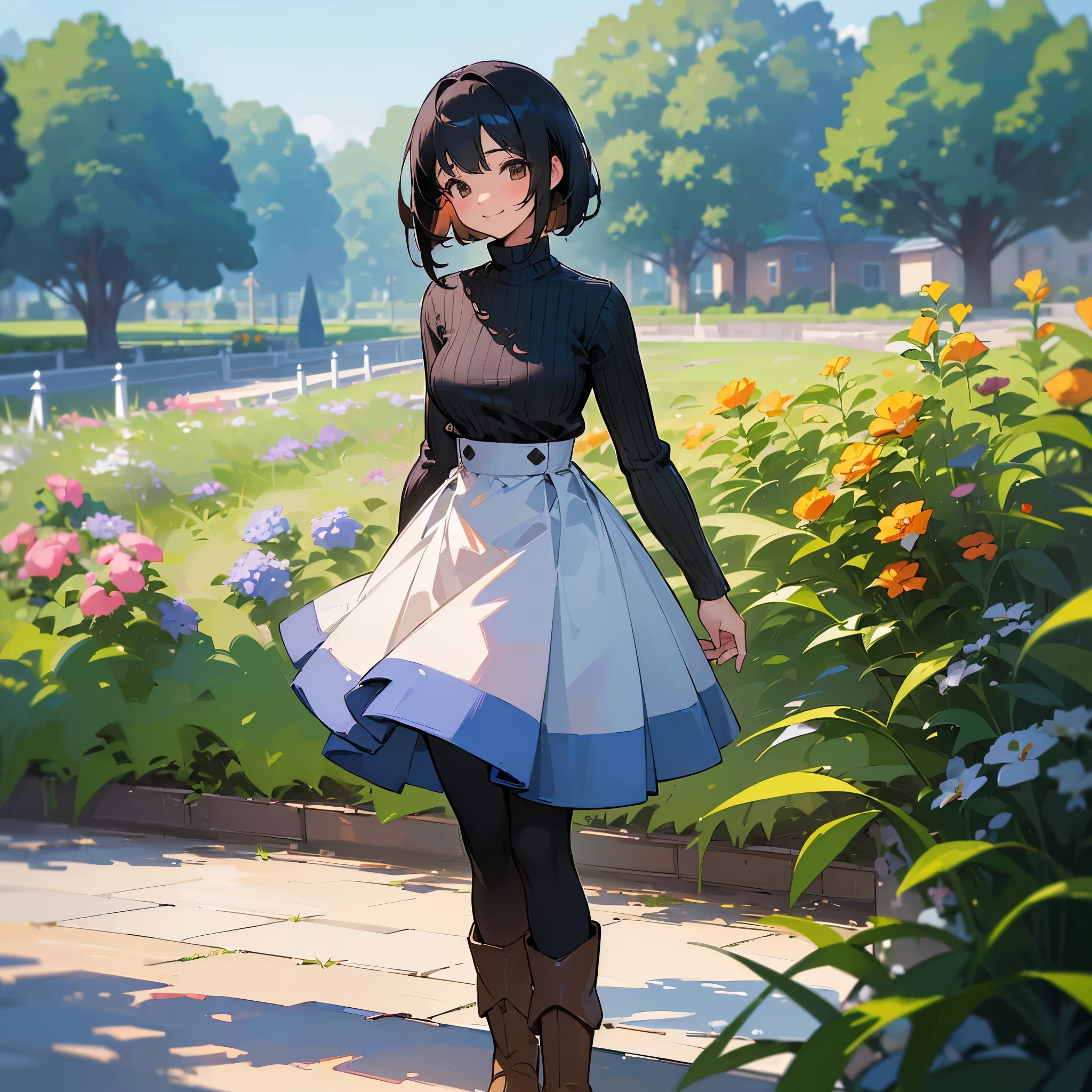 (high quality, High resolution, Very detailed, reality:1.37), Peaceful atmosphere, (Outdoor, garden),  girl standing alone, (my breasts are big.), Beautiful details, Cute Smile, (Black bob hair), Ribbed sweater, Blue Skirt, Black tights, Brown boots.