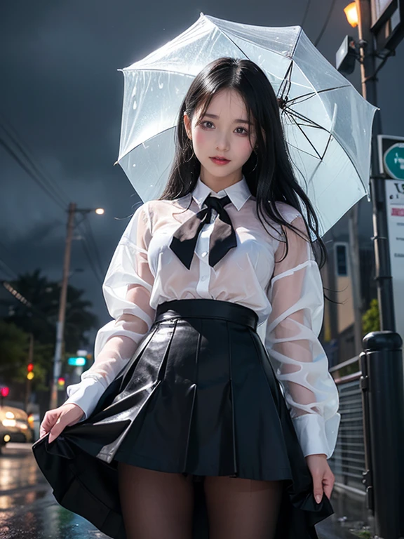 (rain:1.2)、(storm:1.2)、Wet clothes、Cowboy Shot、1 girl、Medium breast、Black Hair、Long Hair、White blouse、Black Skirt、Black Pantyhose、cry、tears、Standing on the street、See through、Spread your legs、I can see her panties