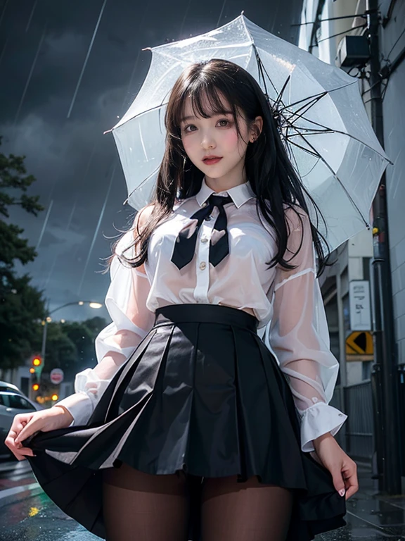 (rain:1.2)、(storm:1.2)、Wet clothes、Cowboy Shot、1 girl、Medium breast、Black Hair、Long Hair、White blouse、Black Skirt、Black Pantyhose、cry、tears、Standing on the street、See through、Spread your legs、I can see her panties