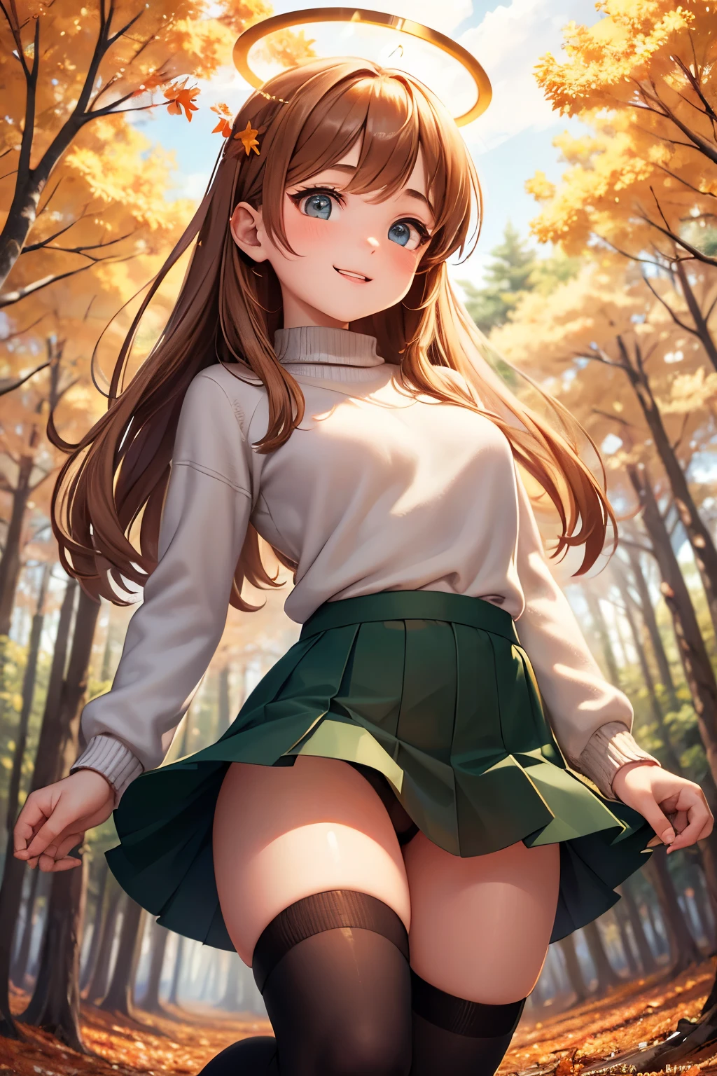 A forest covered with many fallen autumn leaves, a thin round-necked knit and a mini-wrapped skirt, knee socks, movement as if looking up to the sky, look at the photographer, 24K, high image quality, high definition, a beautiful face like an angel, Warm expression, happiness overflowing on the face, halo shining through the trees, warm color description, 18 year old girl