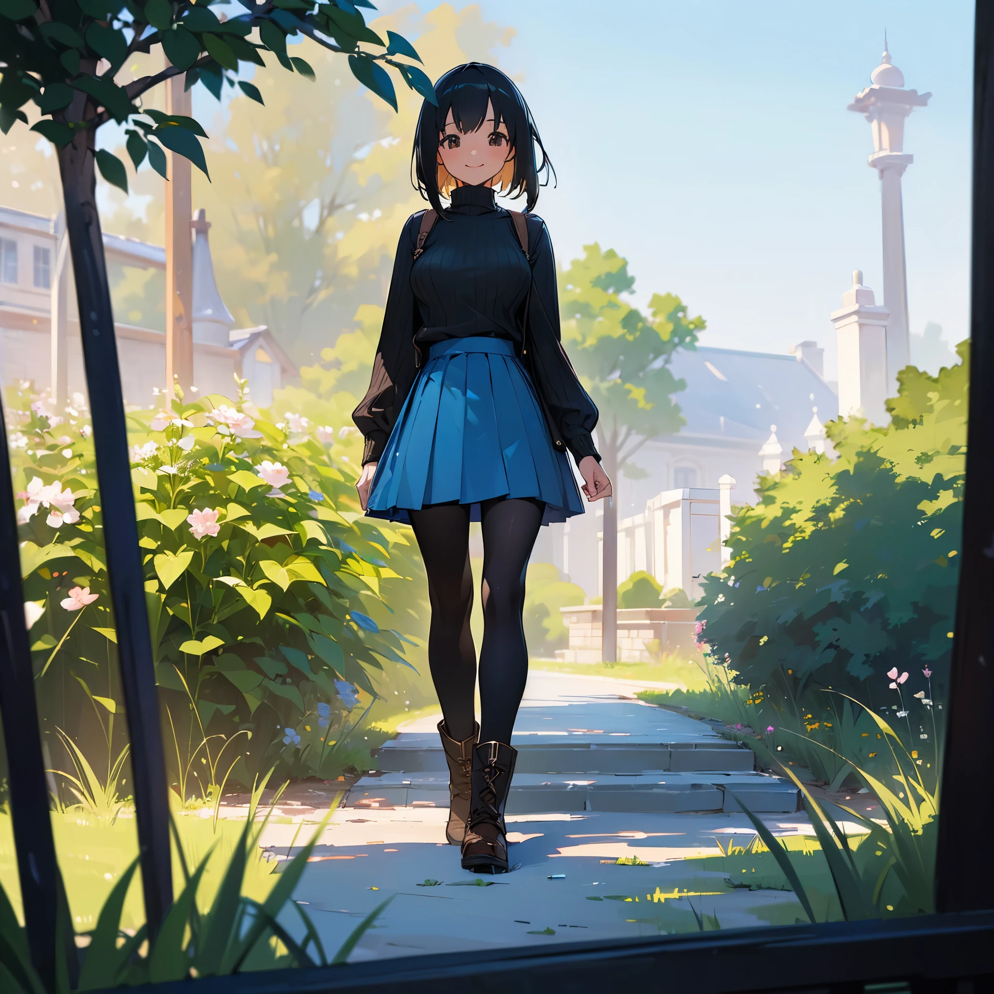 (high quality, High resolution, Very detailed, reality:1.37), Peaceful atmosphere, (Outdoor, garden), age girl standing alone, (my breasts are big.), Beautiful details, Cute Smile, (Black bob hair), Ribbed sweater, Blue Skirt, Black tights, Brown boots.