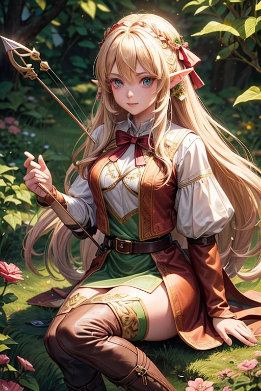 30 year old elf woman with long blonde hair, long messy hairstyle with fringes, pointed elf ears, green medieval archer clothing with brown eyes holding a bow with red gems, pink floral decorations, brown boots, brown leather belt , flower ornaments on forest background with magic symbols