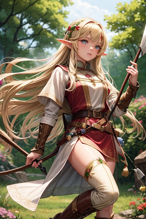 30 year old elf woman with long blonde hair, long messy hairstyle with fringes, pointed elf ears, green medieval archer clothing with brown eyes holding a bow with red gems, pink floral decorations, brown boots, brown leather belt , flower ornaments on forest background with magic symbols