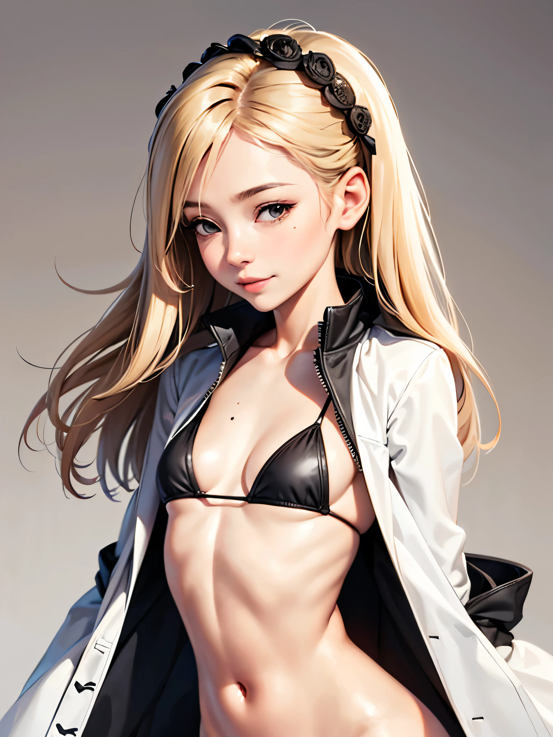 masterpiece, highest quality,Face-to-face audience, Upper body,Middle-aged women,Greek Goddess Attitude, Melon seed face, ((Long, narrow eyes)), Mole under the eye,Brown eyeball, Thin lips, Anorexia,blonde, Very long hair, Laugh with your mouth closed,40 year old mature woman, self-portrait, Simple Background,Thin legs,Close your eyes and smile,Swimwear,The happi coat is open