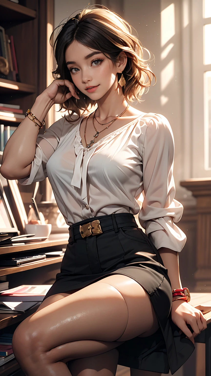 Masterpiece, a beautiful woman, (Chloe Grace Moretz:Grace Kelly:0.5), (fantasy library background), (tight crop top), (very short skirt), (stockings), glasses, (medium breasts), perfect body, blonde hair, hair tied in aa loose bun, legs, (skin texture:1.1), best quality, ultra high res, (photorealistic: 1.4)