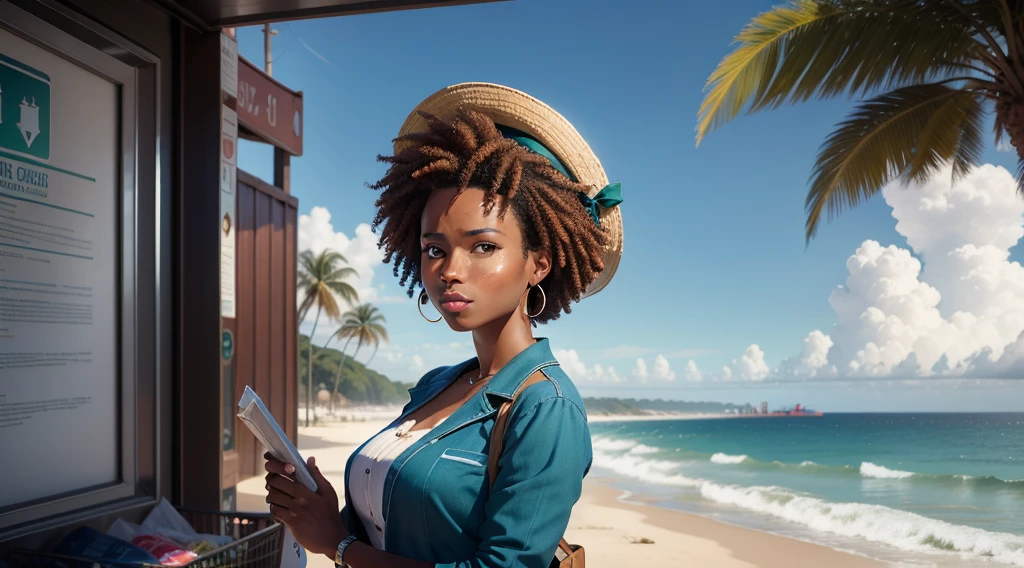 Générer une affiche publicitaire sur le secteur du transport maritime, les couleurs d'affiche publicitaire son vert, in the foreground a well-dressed Afro-American woman on a beach representing a logistics company, une image réaliste un porte-conteneurs naviguant en mer, sky with dark blue tone