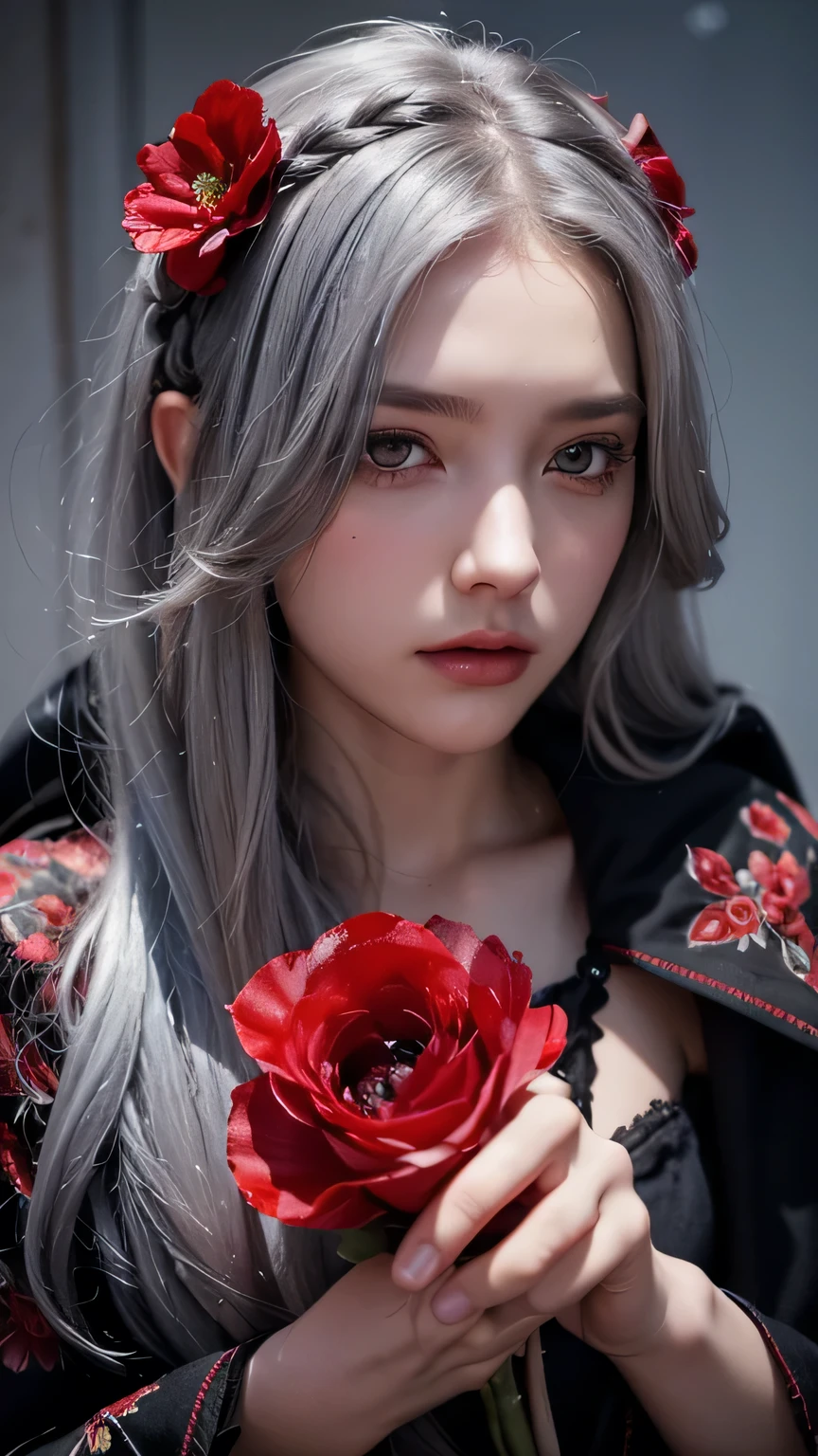 One girl,alone,One girl,alone,((Beautiful fine details)), (Detailed light),Depth of written boundary,(Gray Hair),Silver Eyes,Hair on one eye,(Red flower ), Hair Flowers,Long Hair,Black Cape,Wet,Emotionless,Recall,night,Starfall,it's raining,fog,Red flowers falling,sketch,Upper Body,Strong Shadows,Upper Bodyのポートレート、masterpiece, 最high quality, high quality, High resolution,