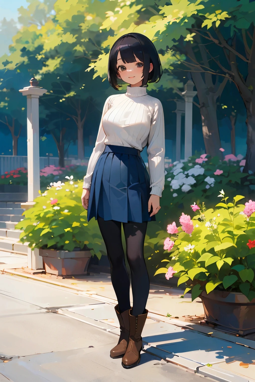 (high quality, High resolution, Very detailed, reality:1.37), Peaceful atmosphere, (Outdoor, garden), Teenage girl standing alone, (my breasts are big.), Beautiful details, Cute Smile, (Black bob hair), Ribbed sweater, Blue Skirt, Black tights, Brown boots.