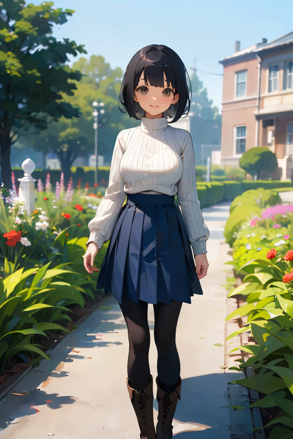 (high quality, High resolution, Very detailed, reality:1.37), Peaceful atmosphere, (Outdoor, garden), Teenage girl standing alone, (my breasts are big.), Beautiful details, Cute Smile, (Black bob hair), Ribbed sweater, Blue Skirt, Black tights, Brown boots.