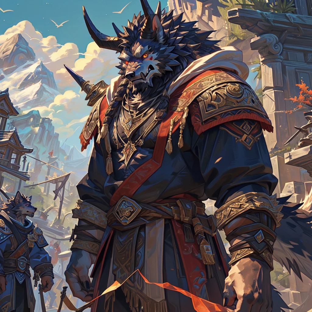 A painting，There is a man with big horns on his head in the painting.、man holding sword, Monster wolf, A savage giant in fur, 肌肉Werewolf, Anthropology Art, 豺Werewolf, Furry Fantasy Art, Werewolf, Berserker Portrait, Good boy giant mecha wolfhound, threatening posture, Anthropology Concept Art, World of Warcraft art style, Strong Liquor for the Jaw