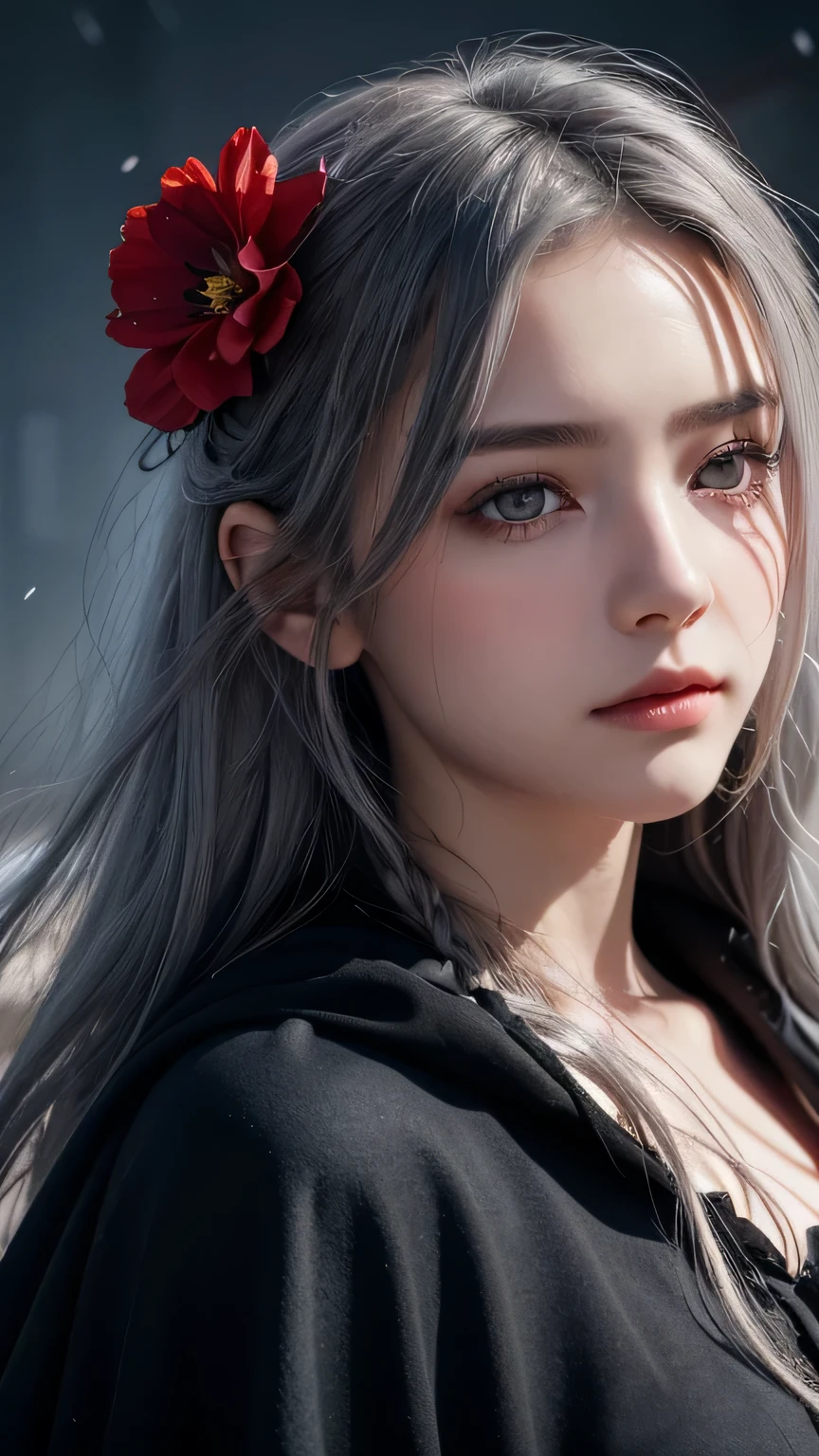 One girl,alone,One girl,alone,((Beautiful fine details)), (Detailed light),Depth of written boundary,(Gray Hair),Silver Eyes,Hair on one eye,(Red flower ), Hair Flowers,Long Hair,Black Cape,Wet,Emotionless,Recall,night,Starfall,it's raining,fog,Red flowers falling,sketch,Upper Body,Strong Shadows,Upper Bodyのポートレート、masterpiece, 最high quality, high quality, High resolution,