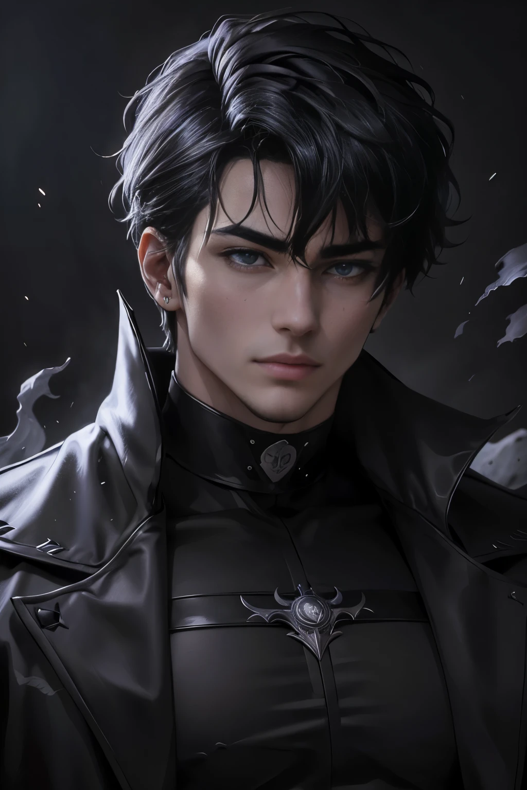 Manhwa Arte Europeo, 25 years old man, Pelo desordenado de la cabecera, Cabello negro azabache, ojos penetrantes, Iris gris, cejas gruesas, Llevar abrigo negro con el logotipo de calavera demoniaca, razor-sharp jawline, mirada penetrante, Cold and mysterious character, 8k, Detailed features, muy guapo