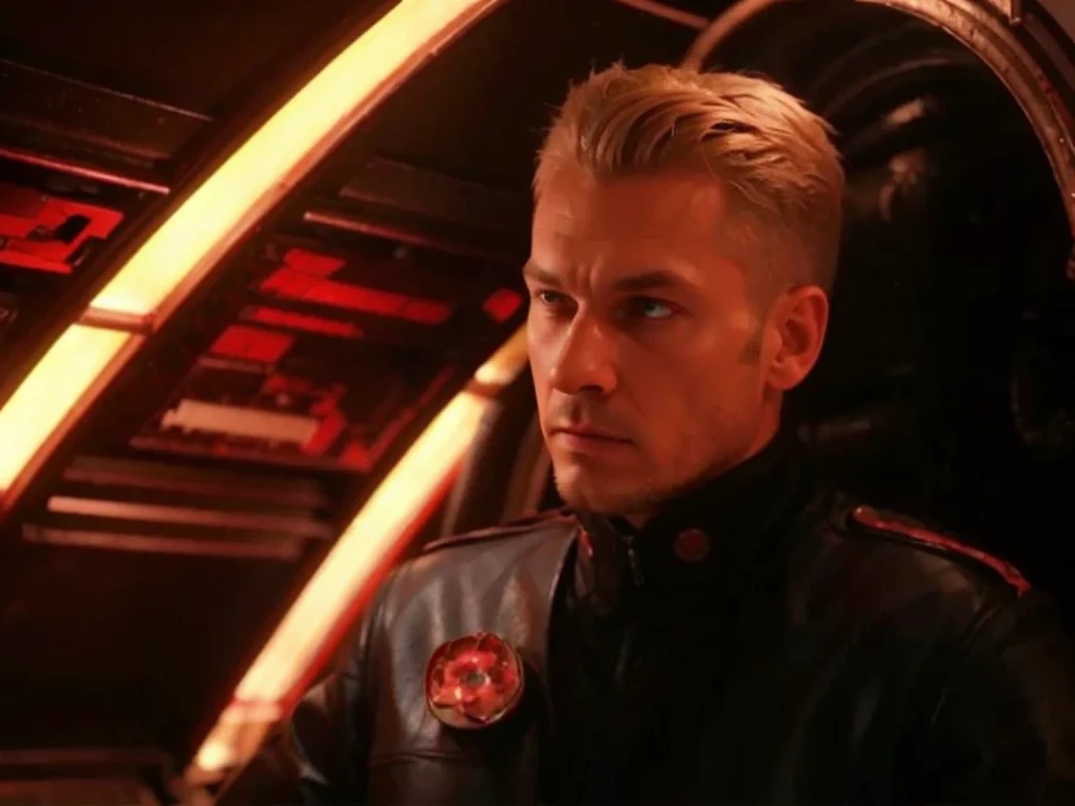 man, very rude Ukrainian face, very short blonde hair, very serious face, leather suit, he is in a dark bunker in red tones, advanced red computer screens, servers, red LED lights, many tubes and cables on the walls, stained glass, image in reddish tones, 4k, ultra detailed image, realistic, very detailed, perfect composition, splendid, intricately detailed, incredibly detailed, art photography 8k, hyper detailed, Masterpiece, ultra detailed, hyper realistic, 4k, ultra detailed image , realistic, highly detailed, perfect composition, splendid, intricately detailed, incredibly detailed, Artistic photography in 8k, hyper detailed