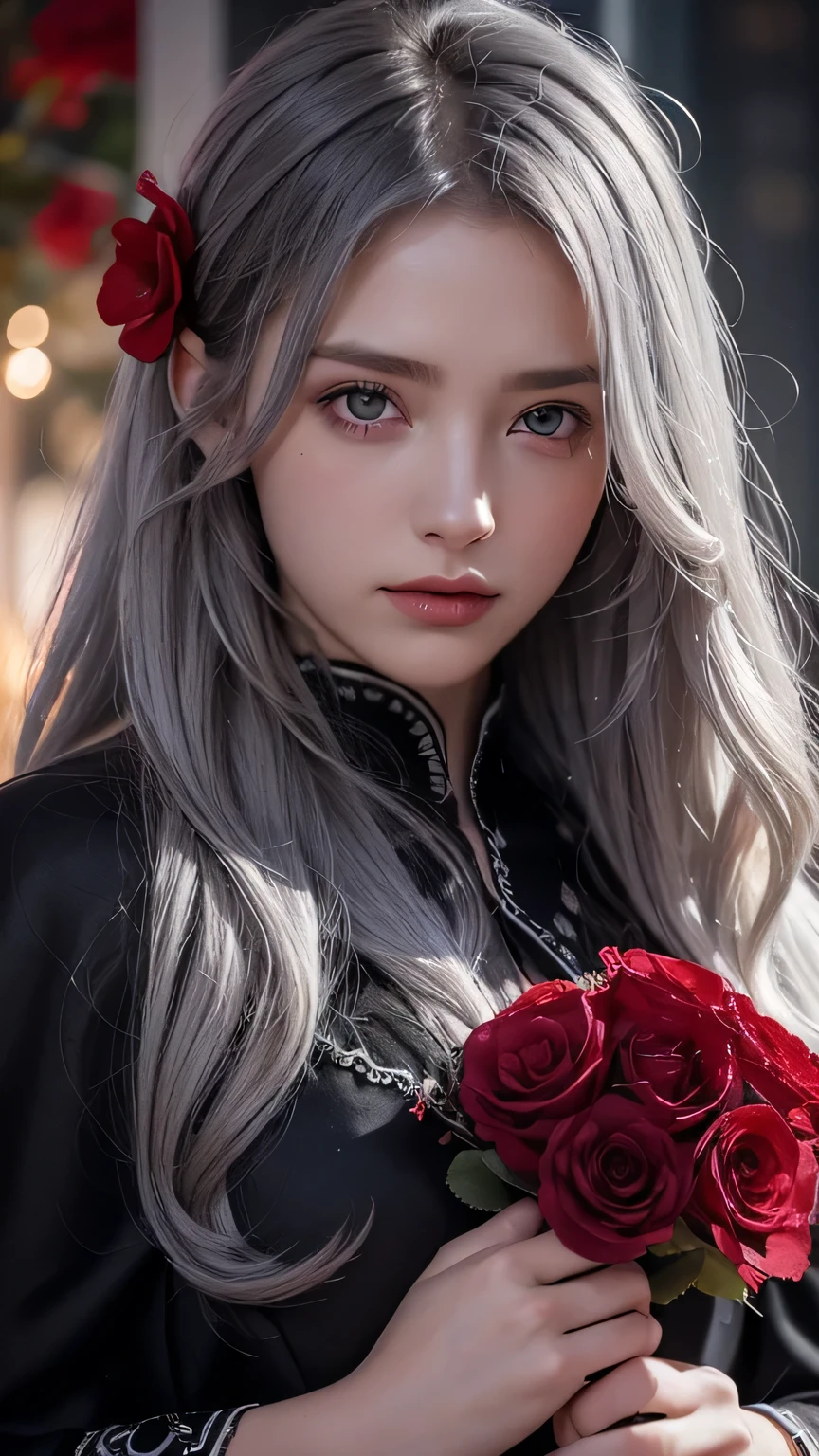 One girl,alone,One girl,alone,((Beautiful fine details)), (Detailed light),Depth of written boundary,(Gray Hair),Silver Eyes,Hair on one eye,(Red flower ), Hair Flowers,Long Hair,Black Cape,Wet,Emotionless,Recall,night,Starfall,it&#39;s raining,fog,Red flowers falling,sketch,Upper Body,Strong Shadows,Upper Bodyのポートレート、masterpiece, 最high quality, high quality, High resolution, 
