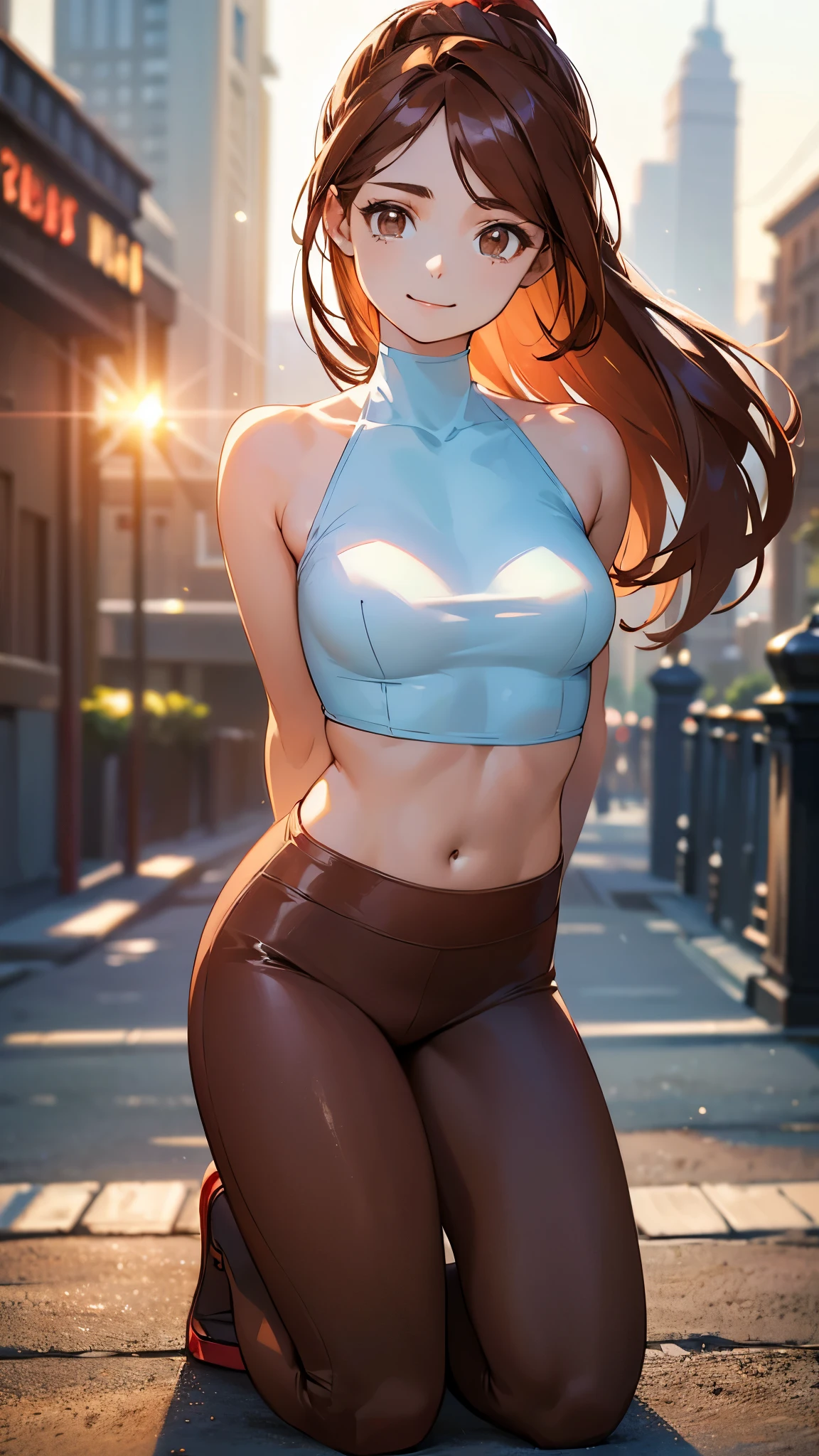 (highest quality, 4k, High resolution, masterpiece:1.2), Super detailed, (anime style, photorealistic:1.37), cinematic light, Bright colors and mesmerizing effects, Soft and delicate lighting, gentle shine, Lens flare, Beautiful and gentle atmosphere throughout the scene, (1girl:1.5), joven, (Cara finamente detallada:1.4, Ropa detallada), (Detallado:1.4) named (Eimi Fukada:1.1) BREAK Cara hermosa, Profundidad de campo, Agregar capa, hiperrealista, 27 years old, Modelo de cuerpo perfecto, senos perfectos, 175cm de altura, pose sexy, full body, cuerpo completo, Tipo de cuerpo del modelo, BREAK (white tight crop top:1.3), (light blue leggings:1.3), (Cabello largo:1.2), (brunette:1.1), dark brown hair, pony tail, doble parpado, (reddish brown eyes:2) BREAK (Kneeling:1.5), cowboy shot, shiny skin, perfect fingers, five fingers, anatomically correct, background bokeh, city streets, v, looking at the viewer, smile