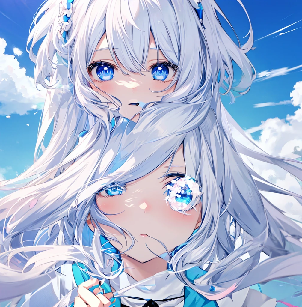 Anime girl with blue eyes and white hair, soft anime illustration, Cute anime face, Girl with white hair, extremely cute anime girl face, with index finger, In an anime style, anime style portrait, pale blue eyes, pale blue eyes!, white  hair, In anime style, anime moe art style, Cerulean blue eyes、1 person、girl with、1、top-quality
