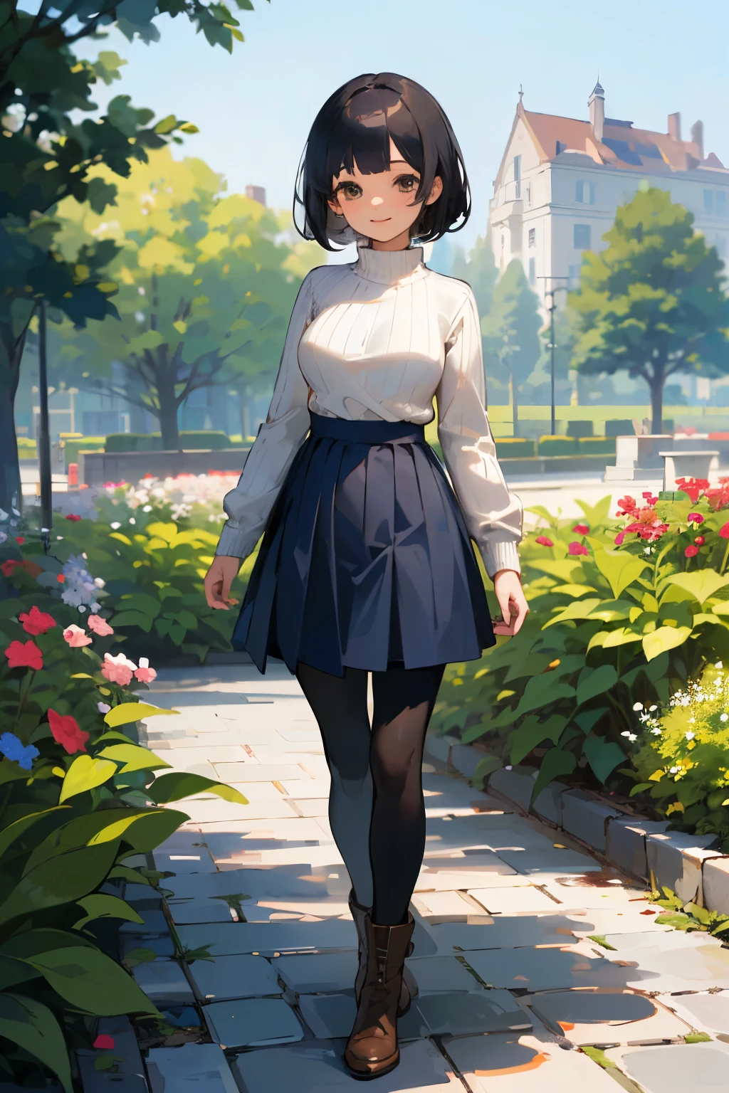 (high quality, High resolution, Very detailed, reality:1.37), Peaceful atmosphere, (Outdoor, garden), Teenage girl standing alone, (my breasts are big.), Beautiful details, Cute Smile, (Black bob hair), Ribbed sweater, Blue Skirt, Black tights, Brown boots.