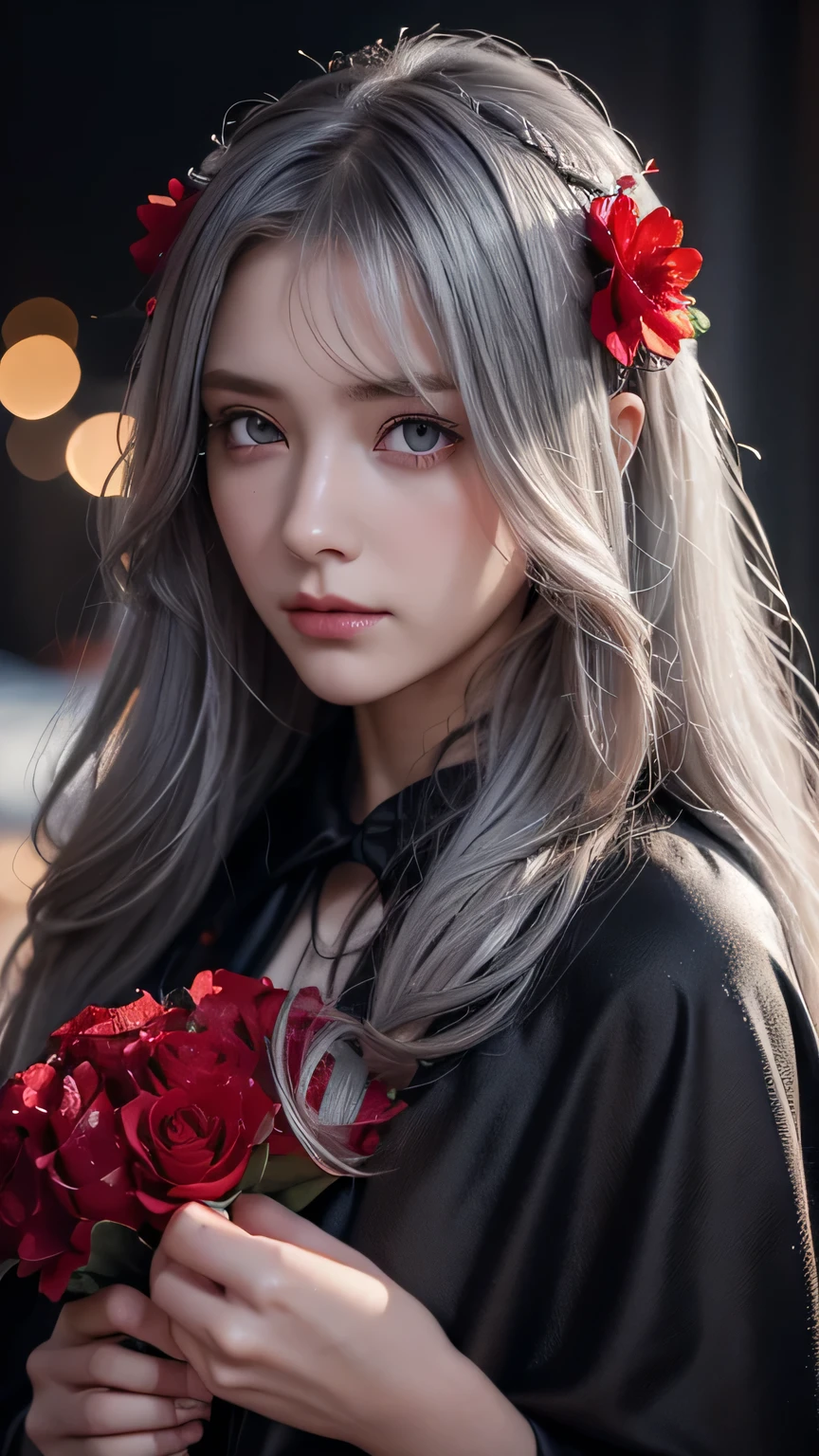 One girl,alone,One girl,alone,((Beautiful fine details)), (Detailed light),Depth of written boundary,(Gray Hair),Silver Eyes,Hair on one eye,(Red flower ), Hair Flowers,Long Hair,Black Cape,Wet,emotionless,Recall,night,Starfall,it's raining,fog,Red flowers falling,sketch,Upper Body,Strong Shadows,