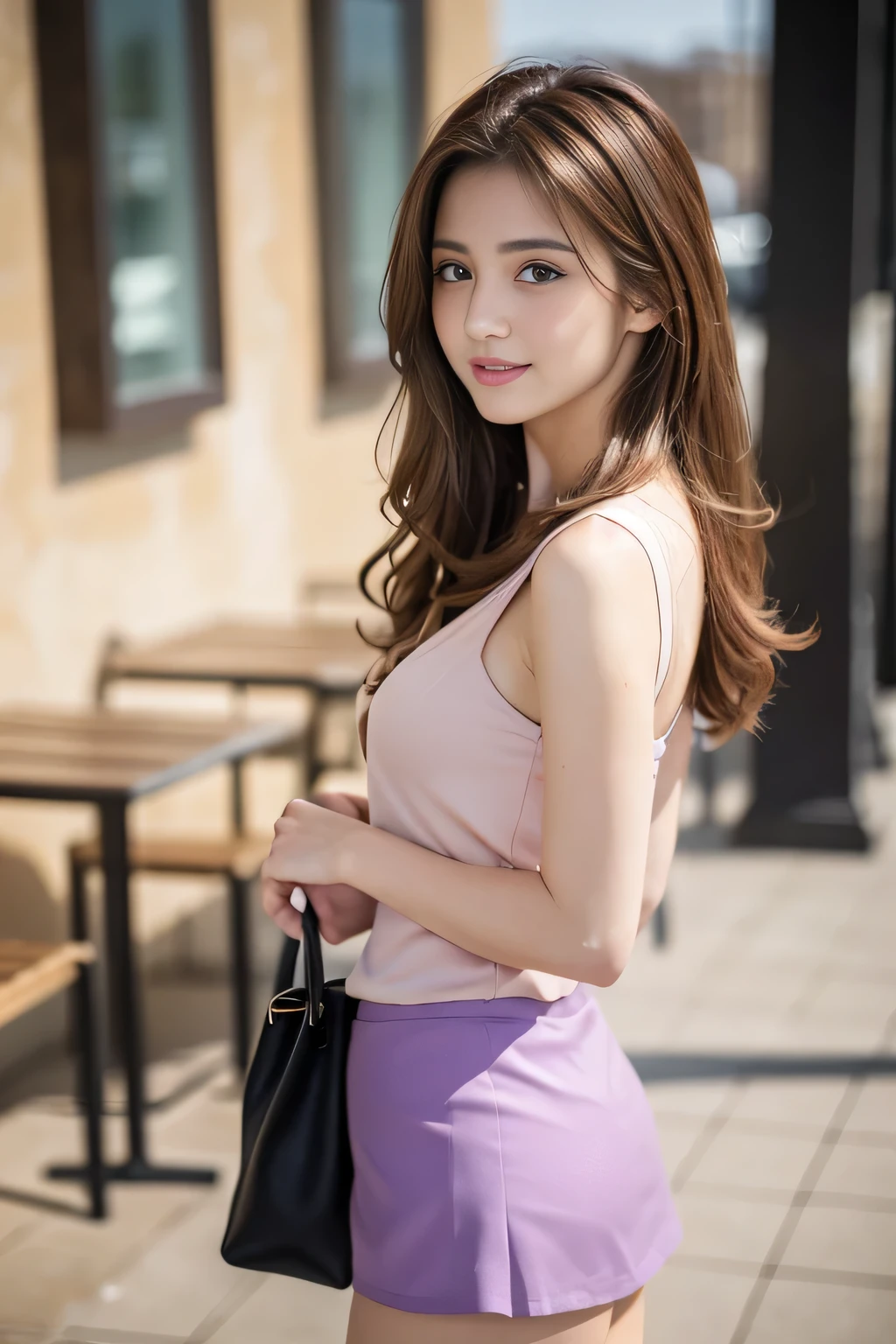 The best quality at its best, Realistically, Super detailed, More about pubic hair, High resolution, 8k wallpaper, One beautiful woman, Pink wet lips, Light brown messy hair, Medium Hair, Purple office suit with a black short skirt, Lock focus, Perfect dynamic composition, Beautiful Eyes, Delicate Hair, Detailed Realistically skin texture, smile, Close-up portrait, Model Body Type, On the open terrace of the cafe, Blurred Background, (Full Body Shot), Shooting from a distance,