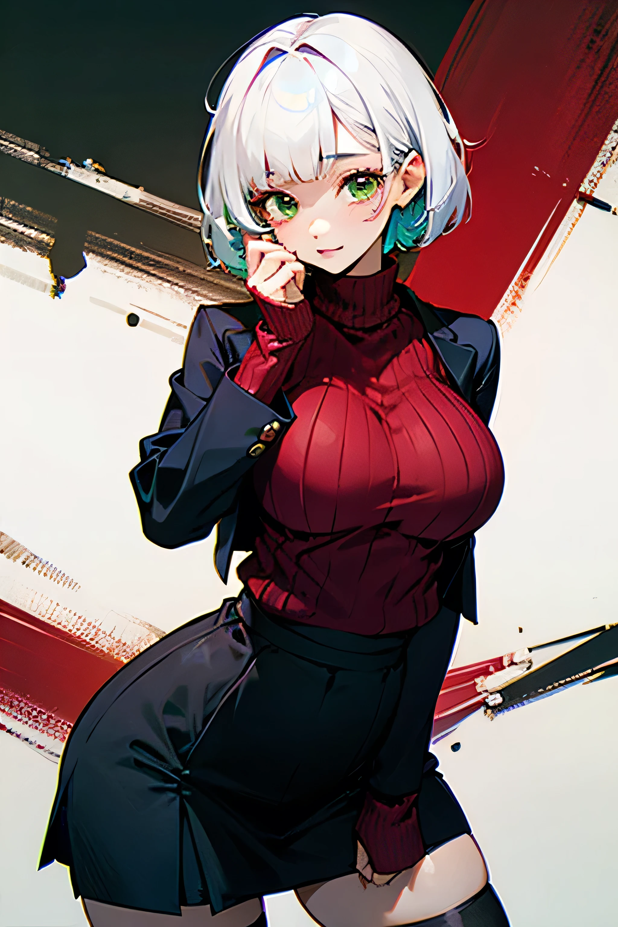 Best quality, masterpiece, Girl in a red sweater,Black jacket, black skirt, black tights, short haircut, White hair, green eyes, big breasts, big hips