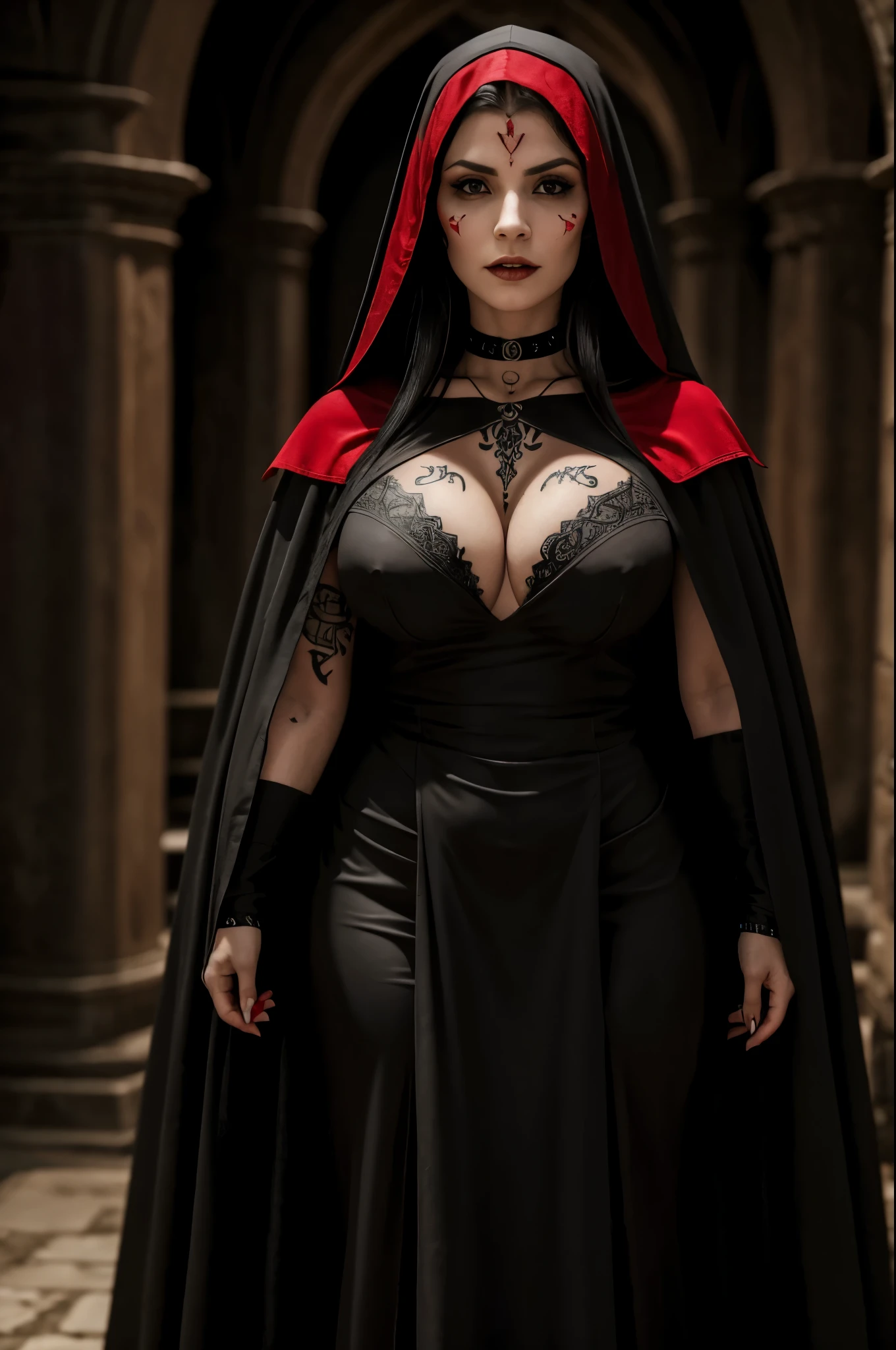woman vampire de 25 anos, face tattoo {tribal red colored}, big tits, wearing black cleric cloak and black cleric tunic with a sensual cleavage, segurando um cajado maligno, no meio de um castelo, luz focada no rosto, postura dominadora, stand up, full body shot