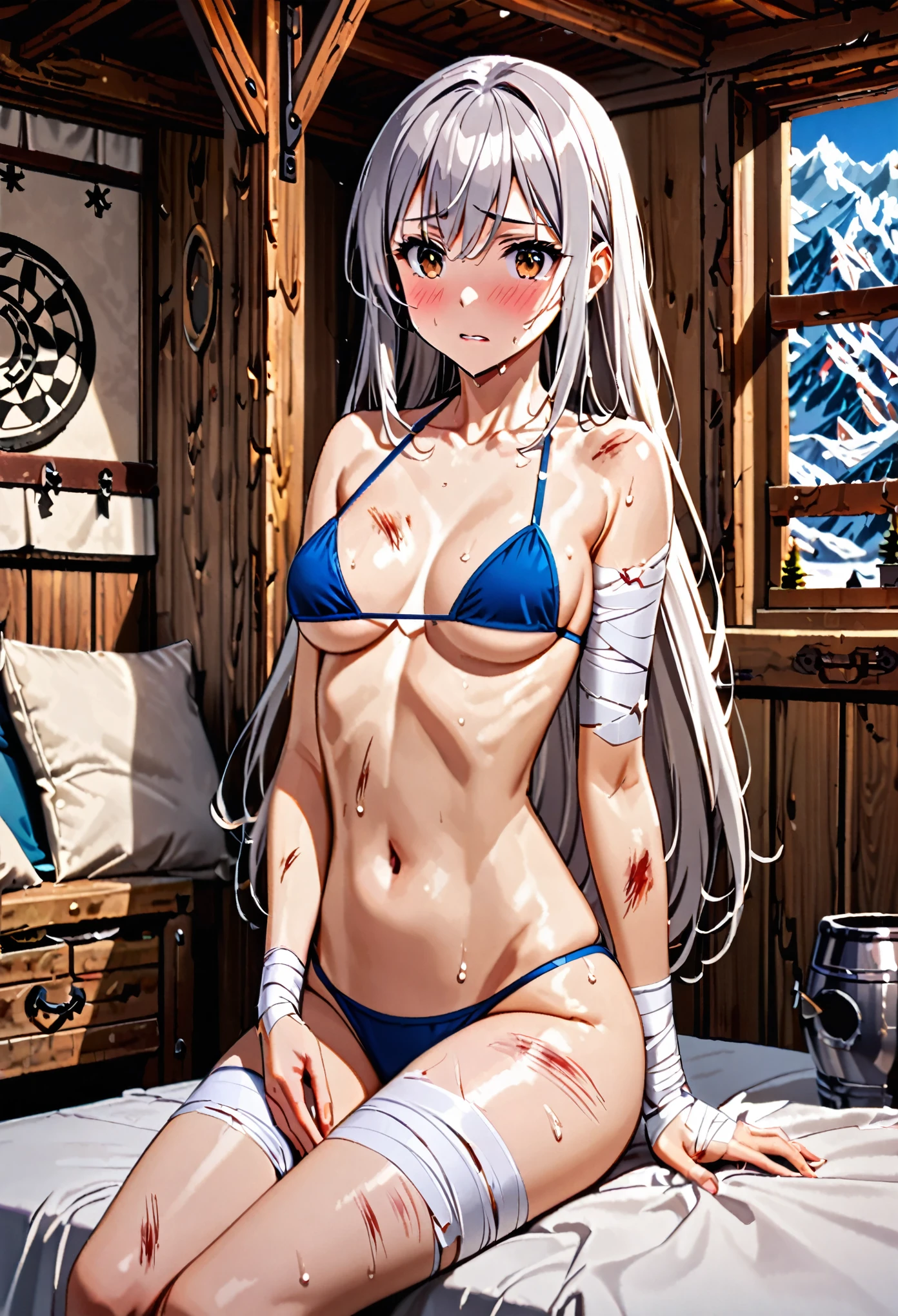 Fantasy art、1 female,The perfect 25 years old,((ideal ratio body proportions,small head:1.7)),((tan skin)),((high quality anime, 8k,masterpiece,Perfect Anatomy)),(beautiful detailed face and eyes,gorgeous eye:1.3,Almond Eyes),  BREAK   ,brown eyes,  BREAK  ,female knight、(silver hair),Straight long hair,bangs,blush,sad,cowboy shot,medium breasts,slender body,skinny,sweat;1.3,  BREAK  ,Sexy blue micro mini bikini、  BREAK   ,sitting,Injury:1.5、Healing bandages, Simple bed、A world of swords and magic、indoor、Simple mountain hut、