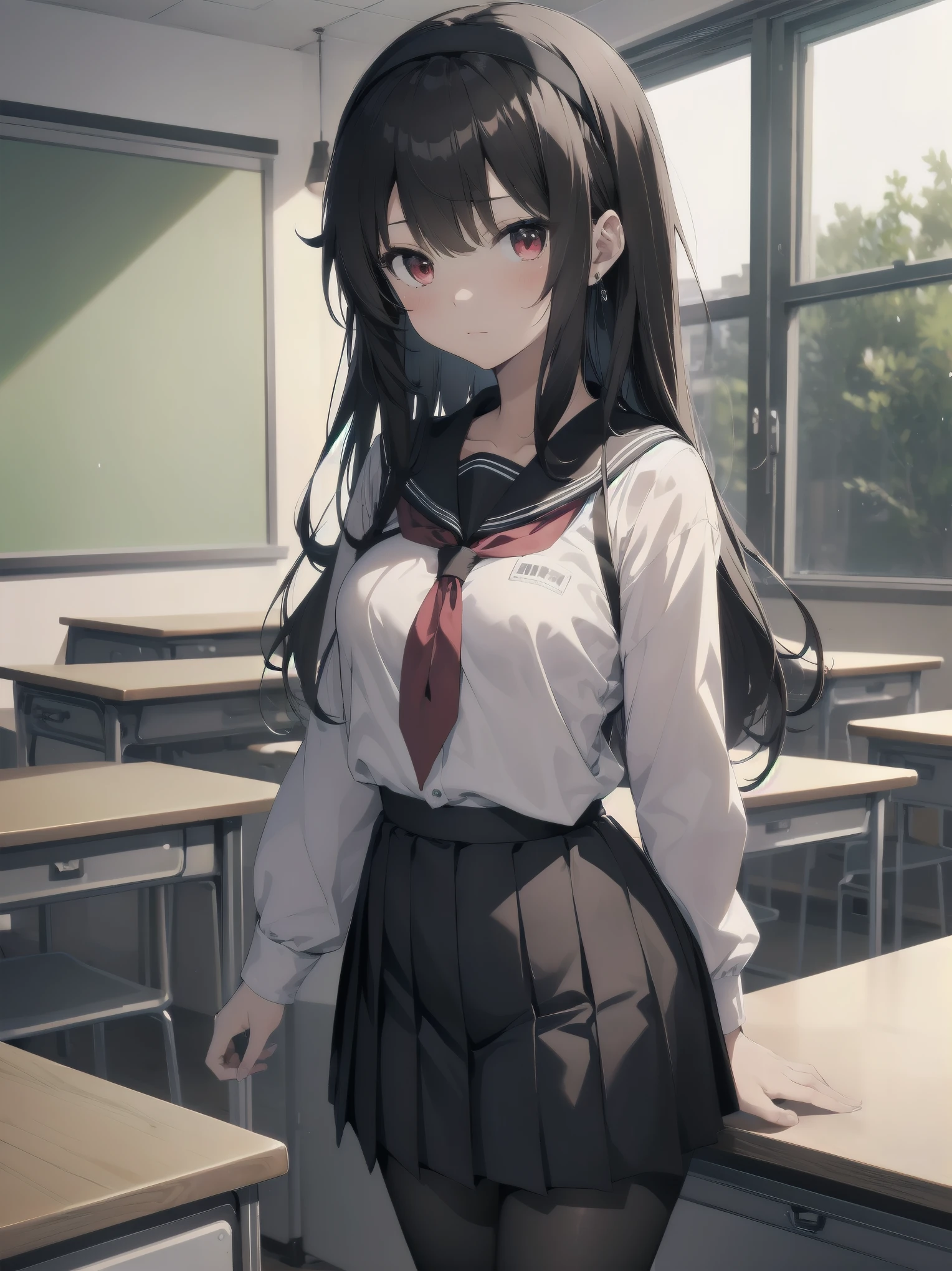 an anime girl standing in an empty room with a phone to her ear, 1girl, solo, , pantyhose, skirt, indoors, hairband, long hair, kasumigaoka utaha, looking at viewer, black hair, red eyes, breasts, blush, pleated skirt, black pantyhose, classroom, white hairband, long sleeves, bangs, neckerchief, closed mouth, desk, sailor collar, serafuku
