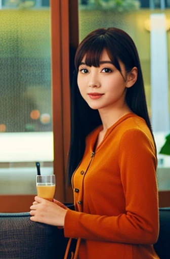 Beautiful and cute woman standing in a hotel lounge、Looking at me。