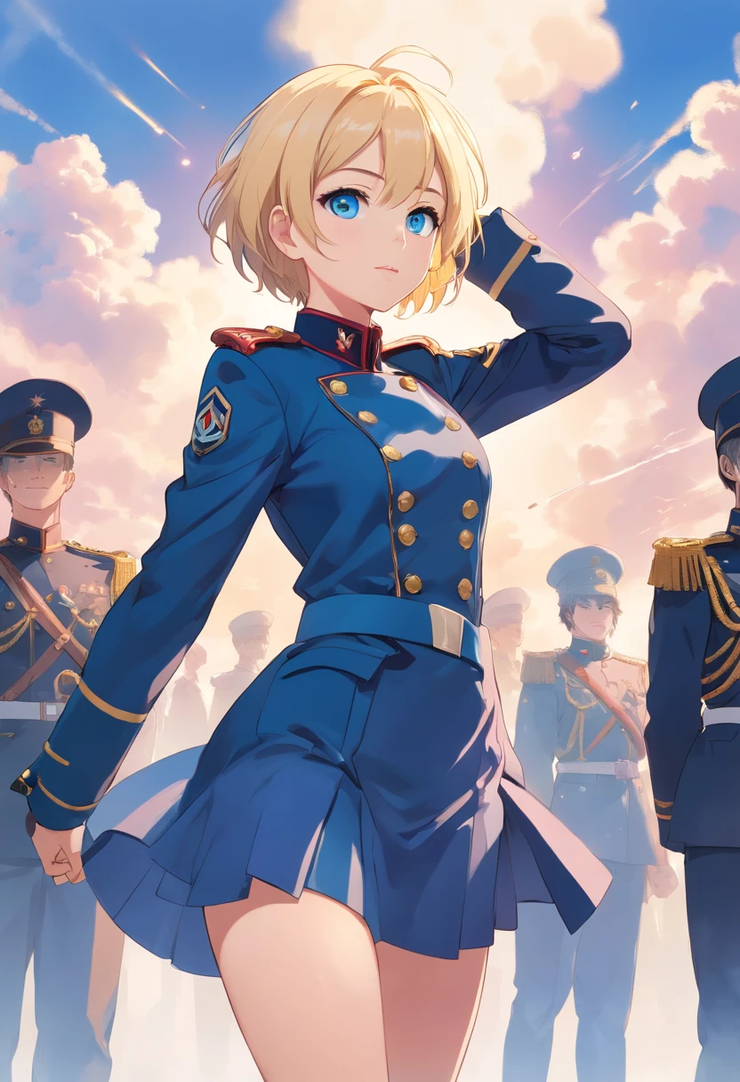 17 years old Women, ((Blonde)), ((Blue eyes)), ((Short hair)), ((whole body)), very detailed makeup, pale pink lipstick, Dressed in a military costume from the Franco-Prussian Wars, standing in a military salute position
