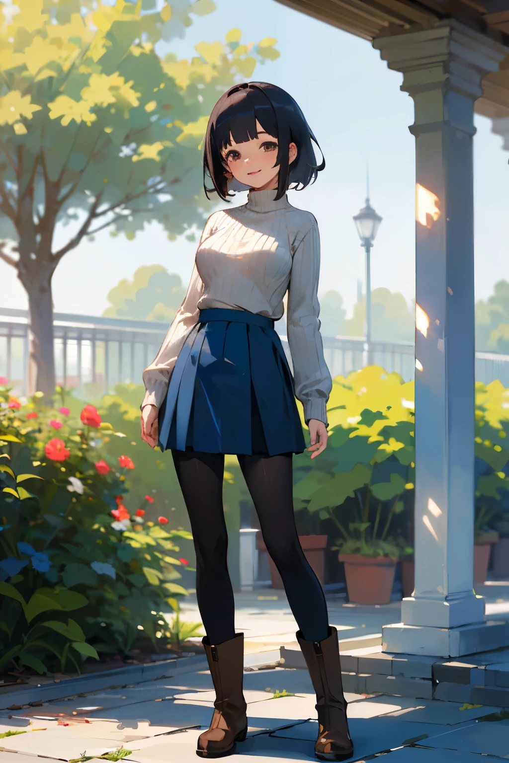 (high quality, High resolution, Very detailed, reality:1.37), Peaceful atmosphere, (Outdoor, garden), Teenage girl standing alone, (my breasts are big.), Beautiful details, Cute Smile, (Black bob hair), Ribbed sweater, Blue Skirt, Black tights, Brown boots.