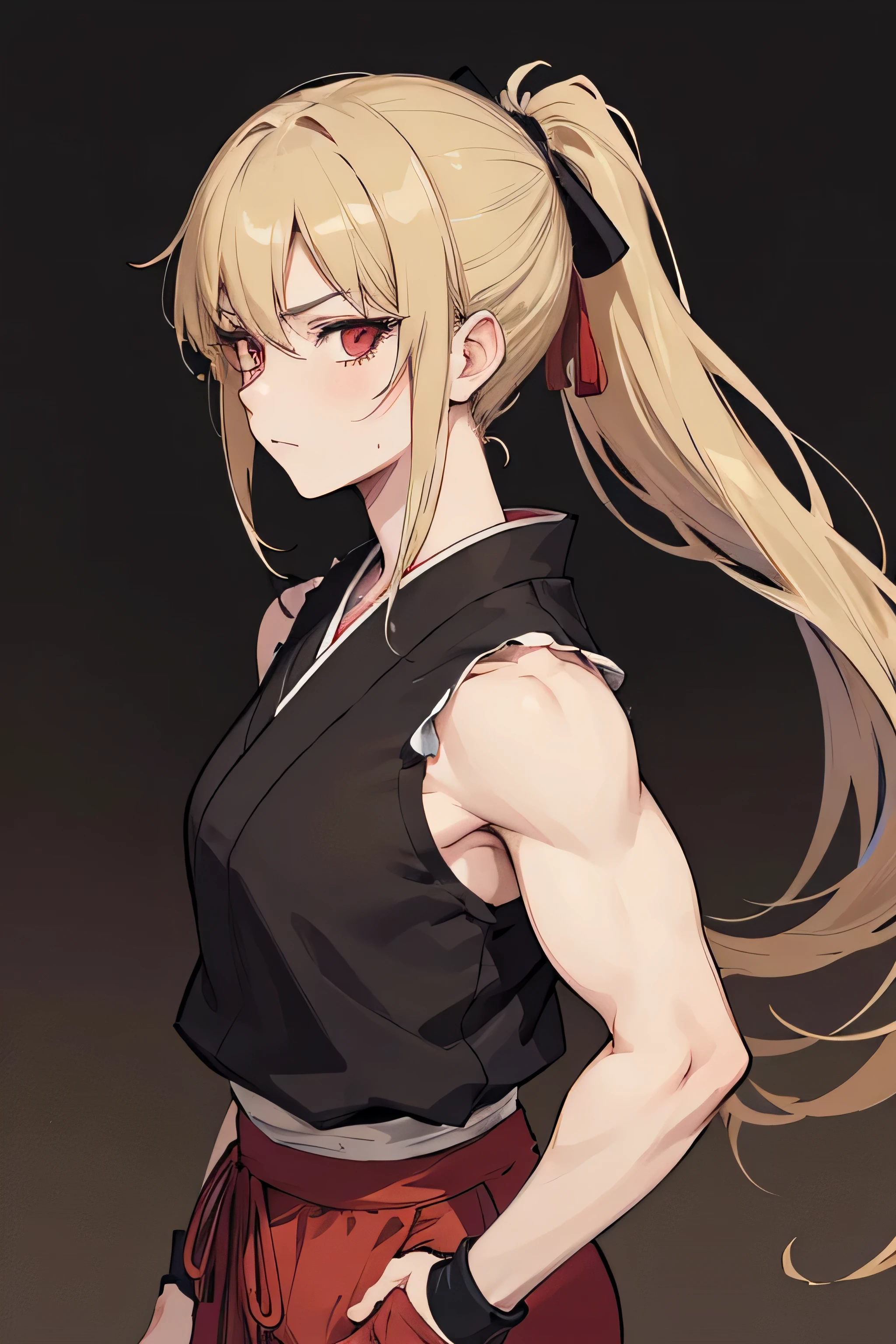 taisho period Japanese woman, grunge, ominous, dark background, really buff woman, tomboy, ponytail, blonde, baki hanma, baki the grappler, woman, forest background, black top with red pants, sleeveless, bloodied, grunge, moorlands background