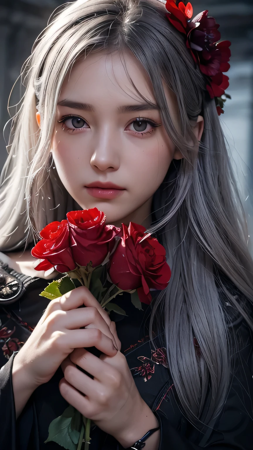 One girl,alone,One girl,alone,((Beautiful fine details)), (Detailed light),Depth of written boundary,(Gray Hair),Silver Eyes,Hair on one eye,(Red flower ), Hair Flowers,Long Hair,Black Cape,Wet,Emotionless,Recall,night,Starfall,it's raining,fog,Red flowers falling,sketch,Upper Body,Strong Shadows,Upper Bodyのポートレート、masterpiece, 最high quality, high quality, High resolution,