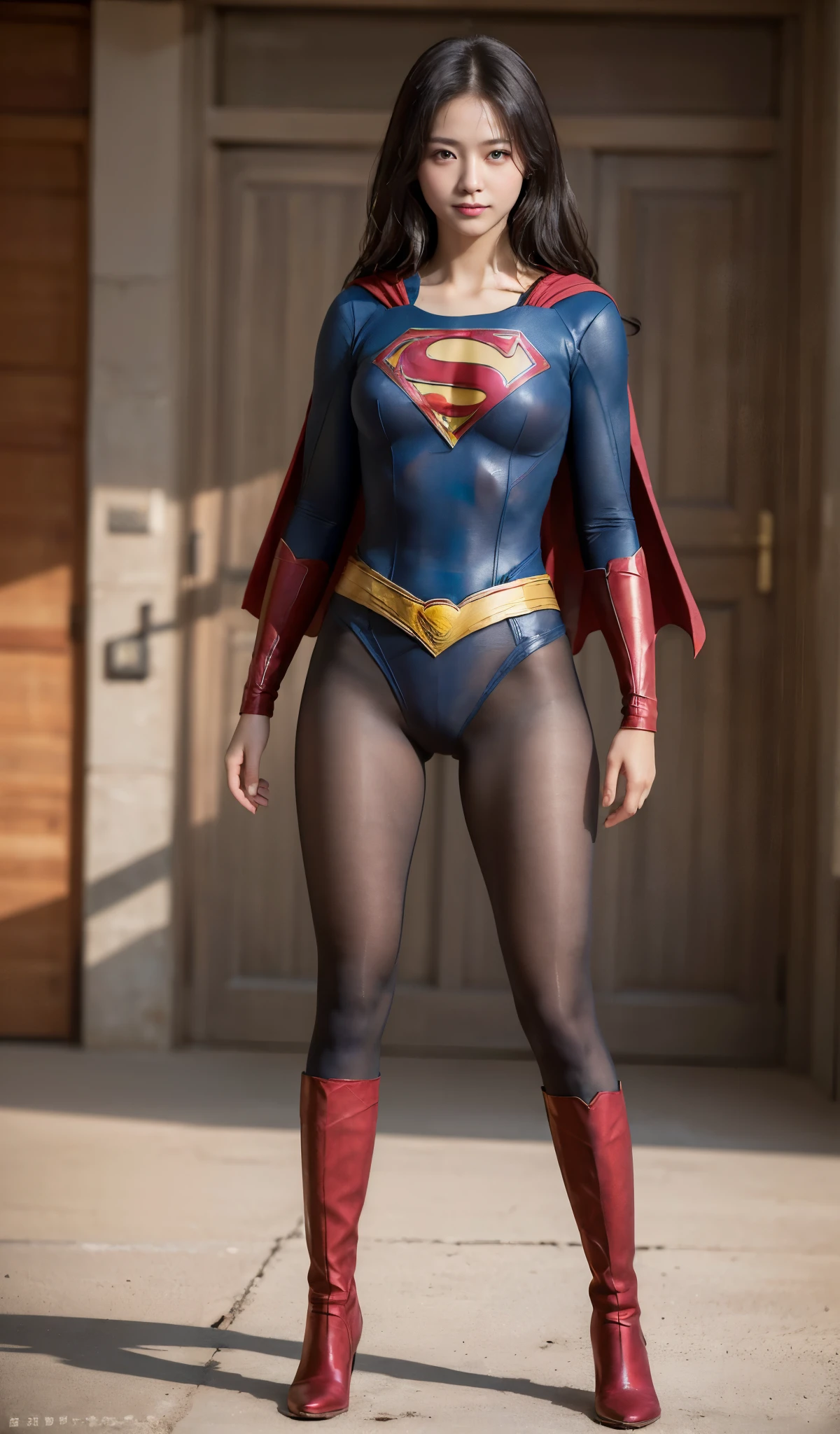 No background、(((Improve your style)))、(((Model Body Type)))、(((Beautiful legs in black tights.)))、(((Legally express the beauty of your smile)))、((((Make the most of your original images)))、(((Supergirl Costume)))、(((A form-fitting Supergirl costume)))、(((Beautiful Hair)))、(((suffering)))、(((Please wear black tights....、Wear red boots)))、((Best image quality、8k))、((highest quality、8k、masterpiece:1.3))、(((Preserve background )))、Sharp focus:1.2、Beautiful woman with perfect figure:1.4、Slim Abs:1.2、Wet body:1.5、Highly detailed face and skin texture、8k