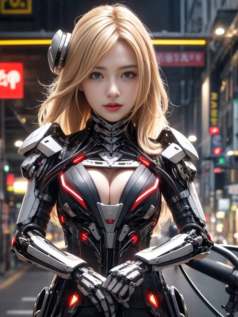(1.Mechanical Girl)、Top quality、masterpiece、Ultra-high resolution、(Photorealistic:1.4)、original photo、1 girl、blond hair、Glowing skin、(((1.Mechanical Girl)))、(LED light mechanical helmet)、(Small LED)、((Ultra-realistic details))、porch、Global Illumination、shadow、Octan Rendering、8k、Super sharp、huge 、Bare skin is exposed in the cleavage、Metal、Intricate decorative details、Japan Details、Extremely complex details、realistic light、CG social trends、Red Eyes、Radiant eyes、face camera、Neon detail mechanical limbs)、(Blood vessels connected to tubular mechanical vertebrae connected to the back、Mechanical cervical fixator、(Wires and cables to the head)、Gundam、Small LED、,Mechanical thigh、Tustock、