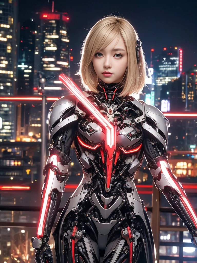 (1.Mechanical Girl)、Top quality、masterpiece、Ultra-high resolution、(Photorealistic:1.4)、original photo、1 girl、blond hair、Glowing skin、(((1.Mechanical Girl)))、(LED light mechanical helmet)、(Small LED)、((Ultra-realistic details))、porch、Global Illumination、shadow、Octan Rendering、8k、Super sharp、huge 、Bare skin is exposed in the cleavage、Metal、Intricate decorative details、Japan Details、Extremely complex details、realistic light、CG social trends、Red Eyes、Radiant eyes、face camera、Neon detail mechanical limbs)、(Blood vessels connected to tubular mechanical vertebrae connected to the back、Mechanical cervical fixator、(Wires and cables to the head)、Gundam、Small LED、,Mechanical thigh、Tustock、