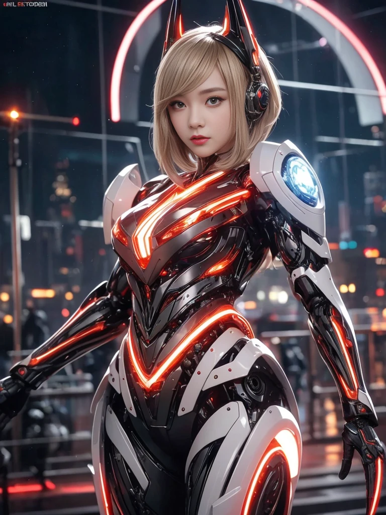 (1.Mechanical Girl)、Top quality、masterpiece、Ultra-high resolution、(Photorealistic:1.4)、original photo、1 girl、blond hair、Glowing skin、(((1.Mechanical Girl)))、（LED light mechanical helmet）、(Small LED)、((Ultra-realistic details))、porch、Global Illumination、shadow、Octan Rendering、8k、Super sharp、huge 、Bare skin is exposed in the cleavage、Metal、Intricate decorative details、Japan Details、Extremely complex details、realistic light、CG social trends、Red Eyes、Radiant eyes、face camera、Neon detail mechanical limbs)、(Blood vessels connected to tubular mechanical vertebrae connected to the back、Mechanical cervical fixator、(Wires and cables to the head)、Gundam、Small LED、,Mechanical thigh、Tustock、