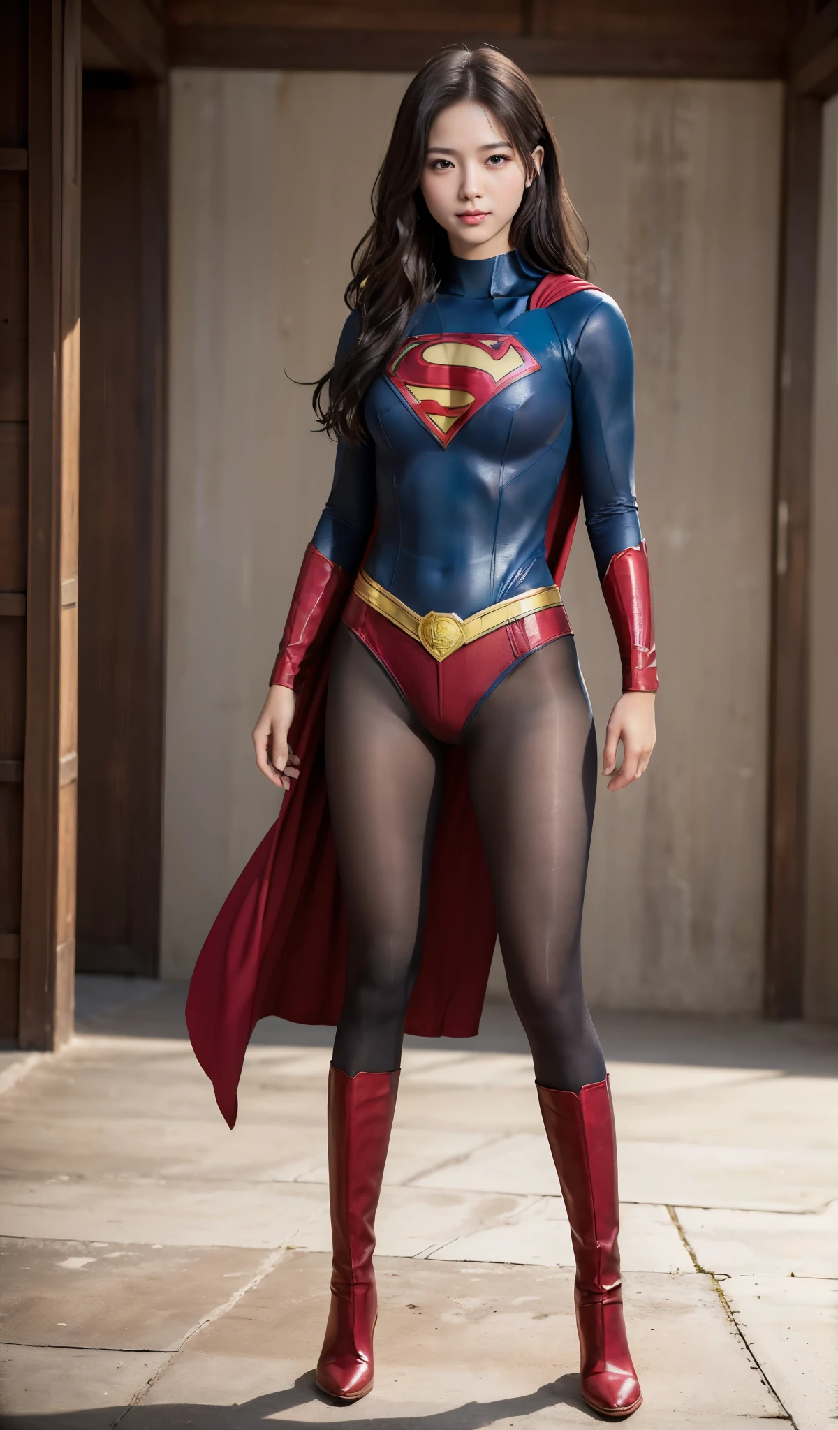 No background、(((Improve your style)))、(((Model Body Type)))、(((Beautiful legs in black tights.)))、(((Legally express the beauty of your smile)))、((((Make the most of your original images)))、(((Supergirl Costume)))、(((A form-fitting Supergirl costume)))、(((Beautiful Hair)))、(((suffering)))、(((Please wear black tights....、Wear red boots)))、((Best image quality、8k))、((highest quality、8k、masterpiece:1.3))、(((Preserve background )))、Sharp focus:1.2、Beautiful woman with perfect figure:1.4、Slim Abs:1.2、Wet body:1.5、Highly detailed face and skin texture、8k