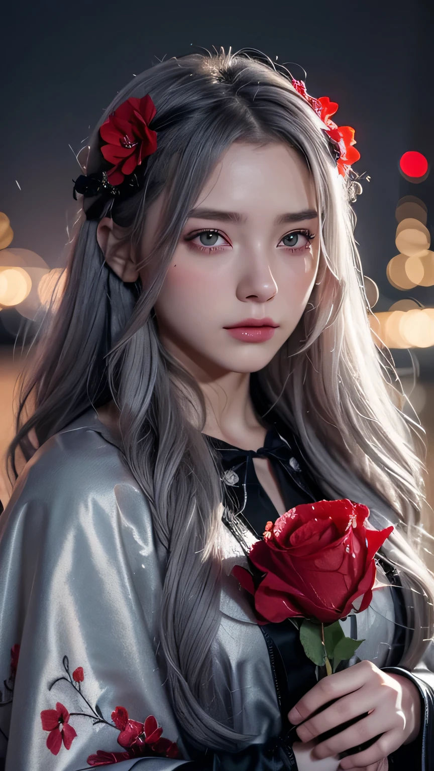 One girl,alone,One girl,alone,((Beautiful fine details)), (Detailed light),Depth of written boundary,(Gray Hair),Silver Eyes,Hair on one eye,(Red flower ), Hair Flowers,Long Hair,Black Cape,Wet,Emotionless,Recall,night,Starfall,it's raining,fog,Red flowers falling,sketch,Upper Body,Strong Shadows,Upper Bodyのポートレート、masterpiece, 最high quality, high quality, High resolution,