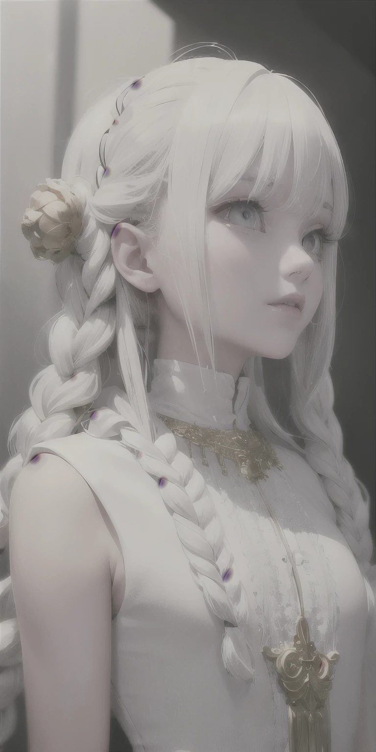 best quality, masterpiece,white hair, gold eyes,white clothes, looking up, upper body,hair strand,Fair skin,side braids