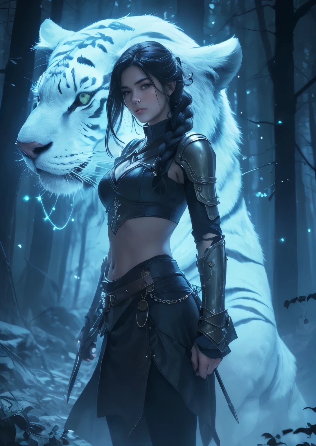 ((mejor calidad, 8k, Obra maestra :1.3)), Todo el cuerpo, Sharp focus :1.2, Photo realistic with intricate details. masterpiece. a woman with blue, braided hair, blue eyes. He has a white tiger in spirit animal form by his side. in a forest, warrior woman. beautiful girl in Demon Slayer art, realistic tribal girl, epic fantasy style, ((with glowing lights in background)), epic style.